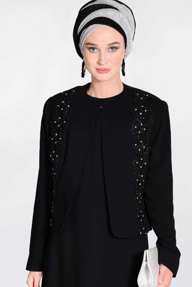 Hijab clothing BLACK Guipure Detailed Binary Suit 3477  - ALVİNA
