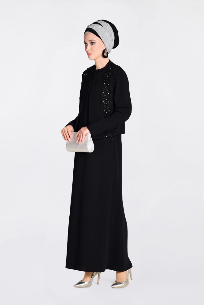 Hijab clothing BLACK Guipure Detailed Binary Suit 3477  - ALVİNA