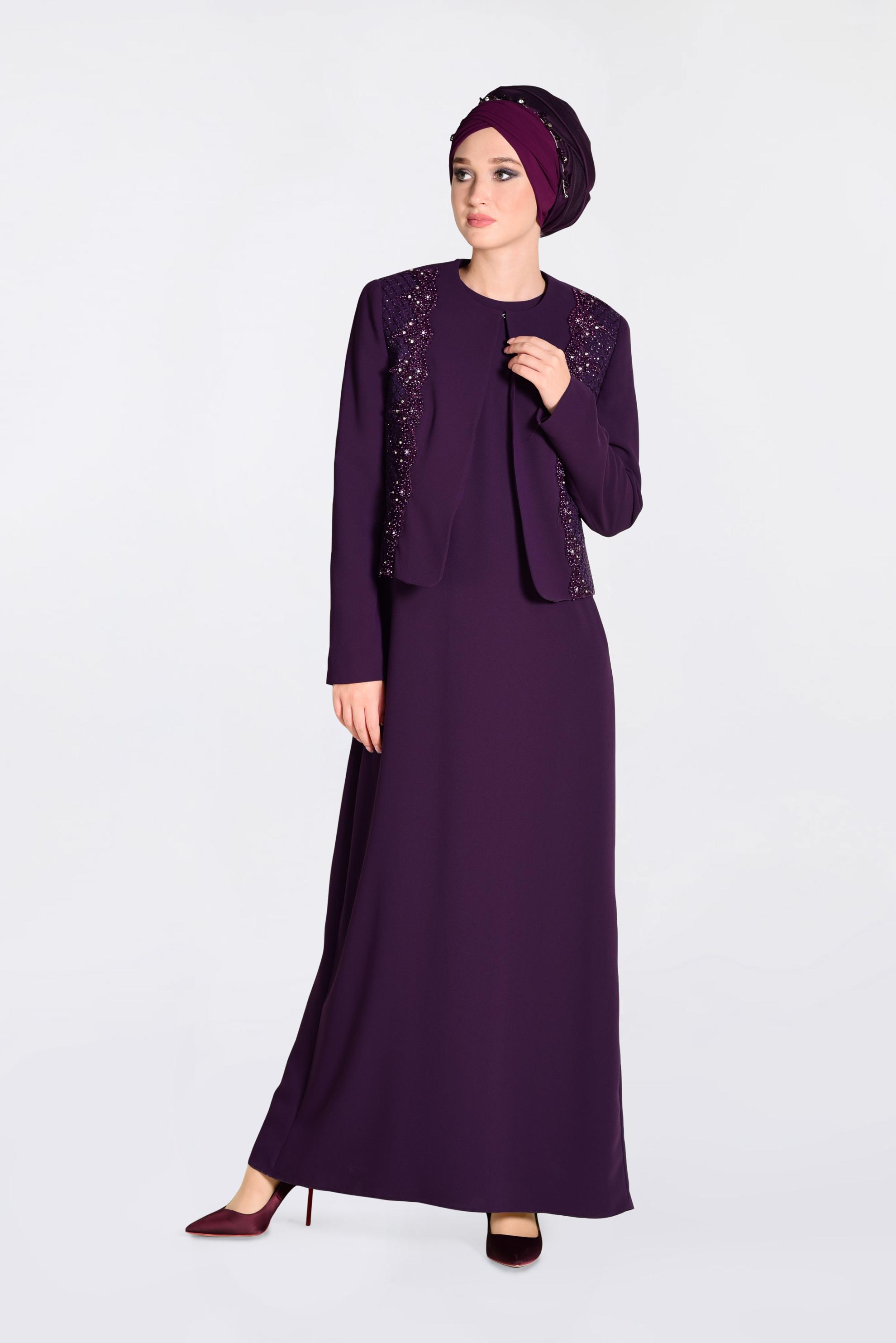 Hijab clothing PURPLE Guipure Detailed Binary Suit 3477 
