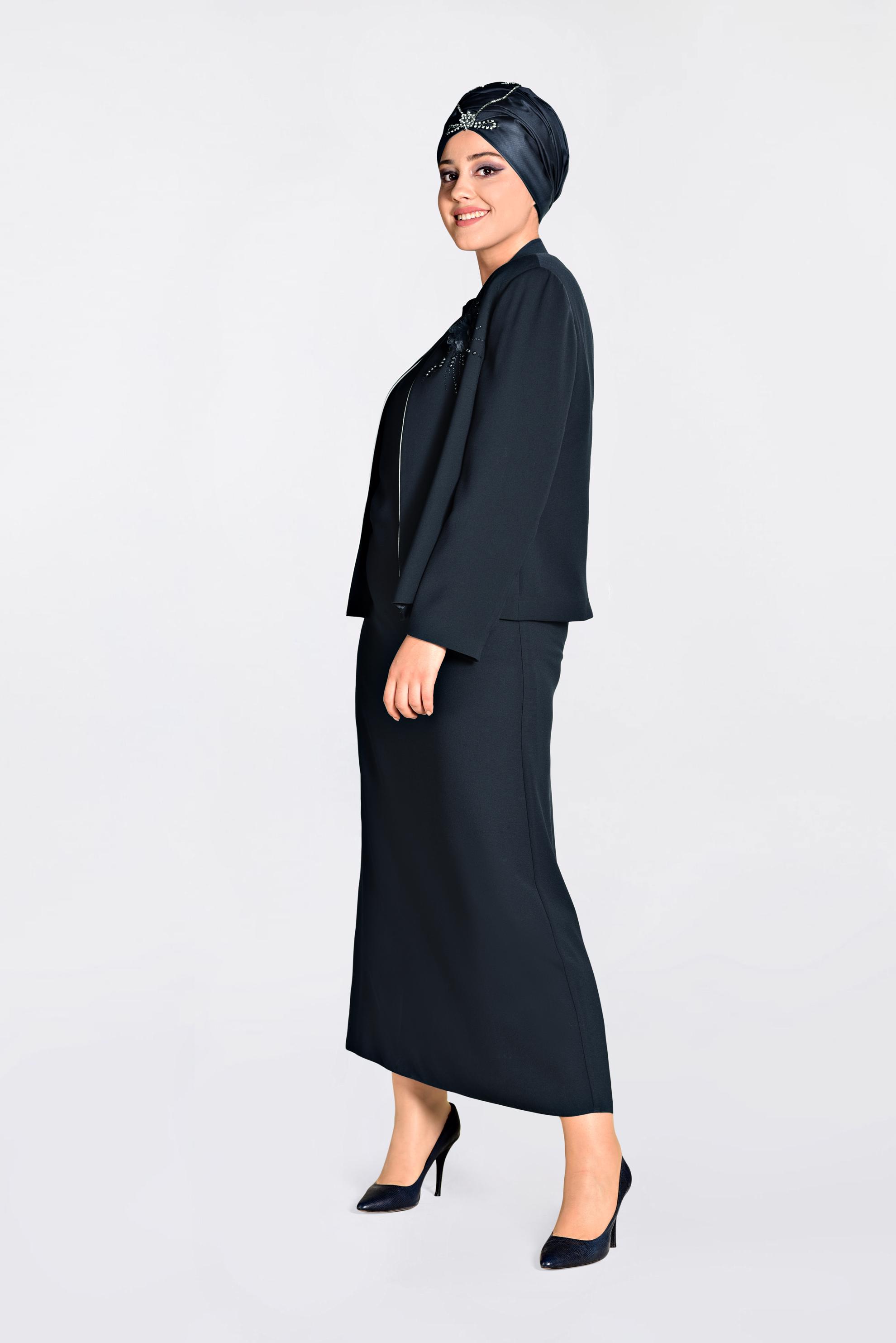 Hijab clothing NAVY BLUE 3D Floral Detail Binary Suit 3478 