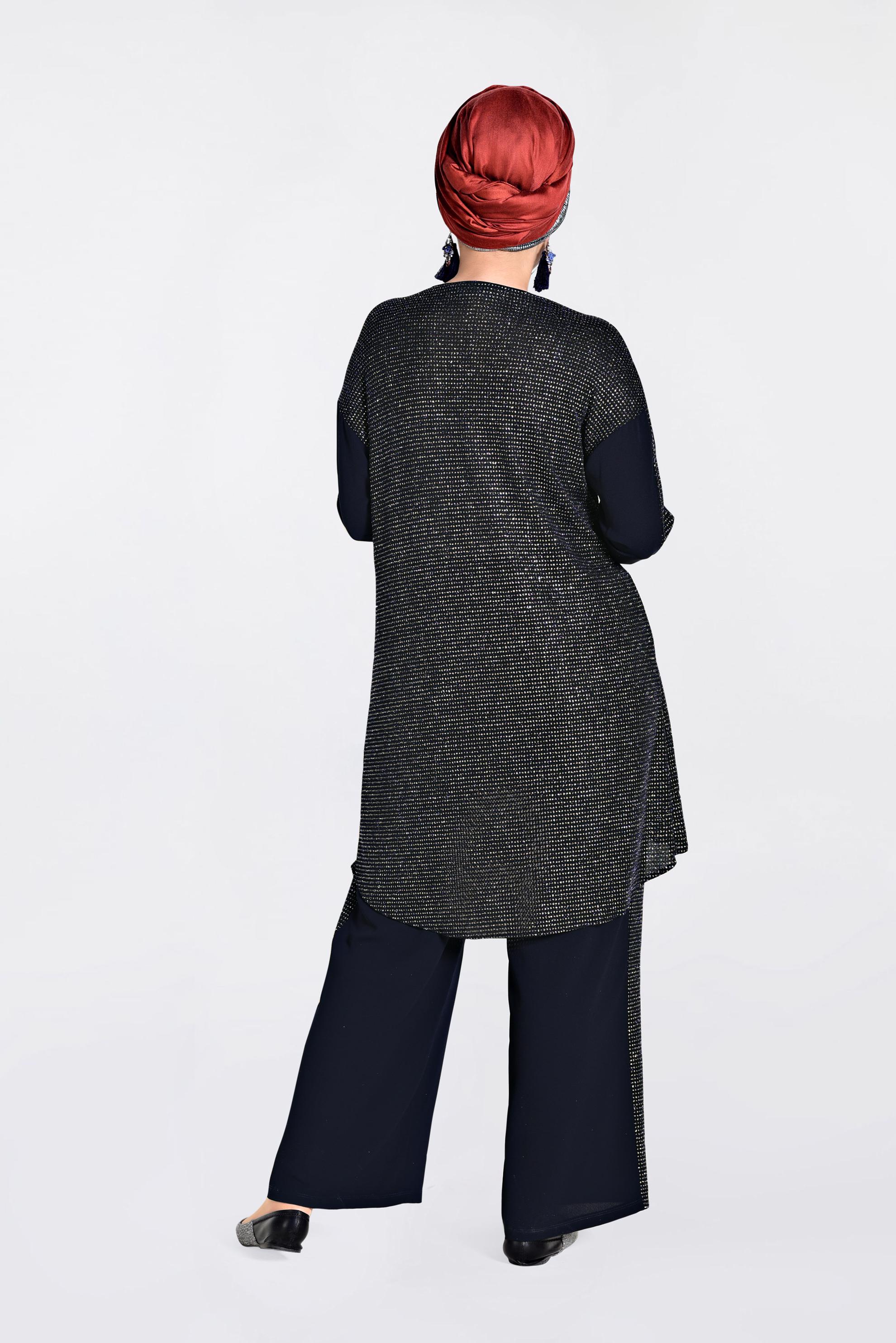 Tesettür giyim LACİVERT SİMLİ KUMAŞ ASİMETRİK KESİM 2&prime;Lİ PANTOLONLU TAKIM 2828 