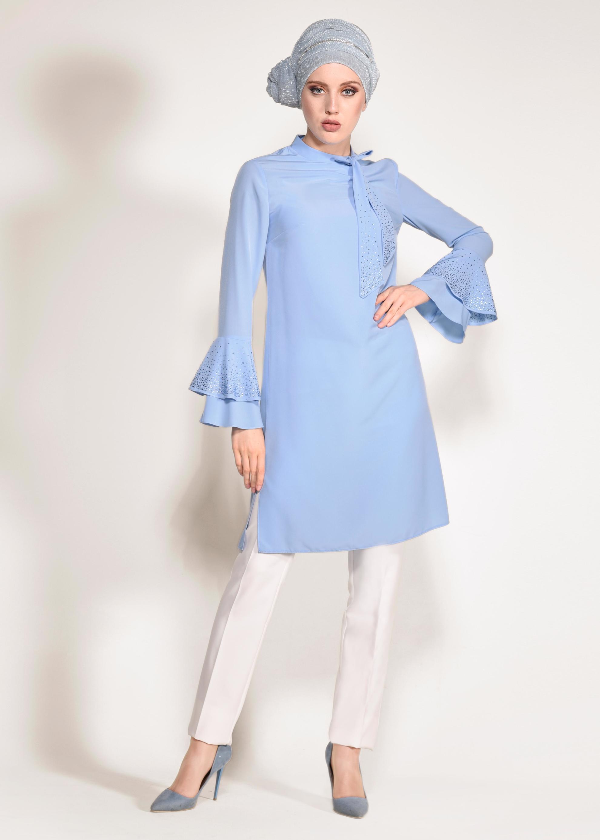 Tesettür giyim MAVİ KOLLARI VOLANLI 2&prime;Lİ PANTOLONLU TAKIM 3410