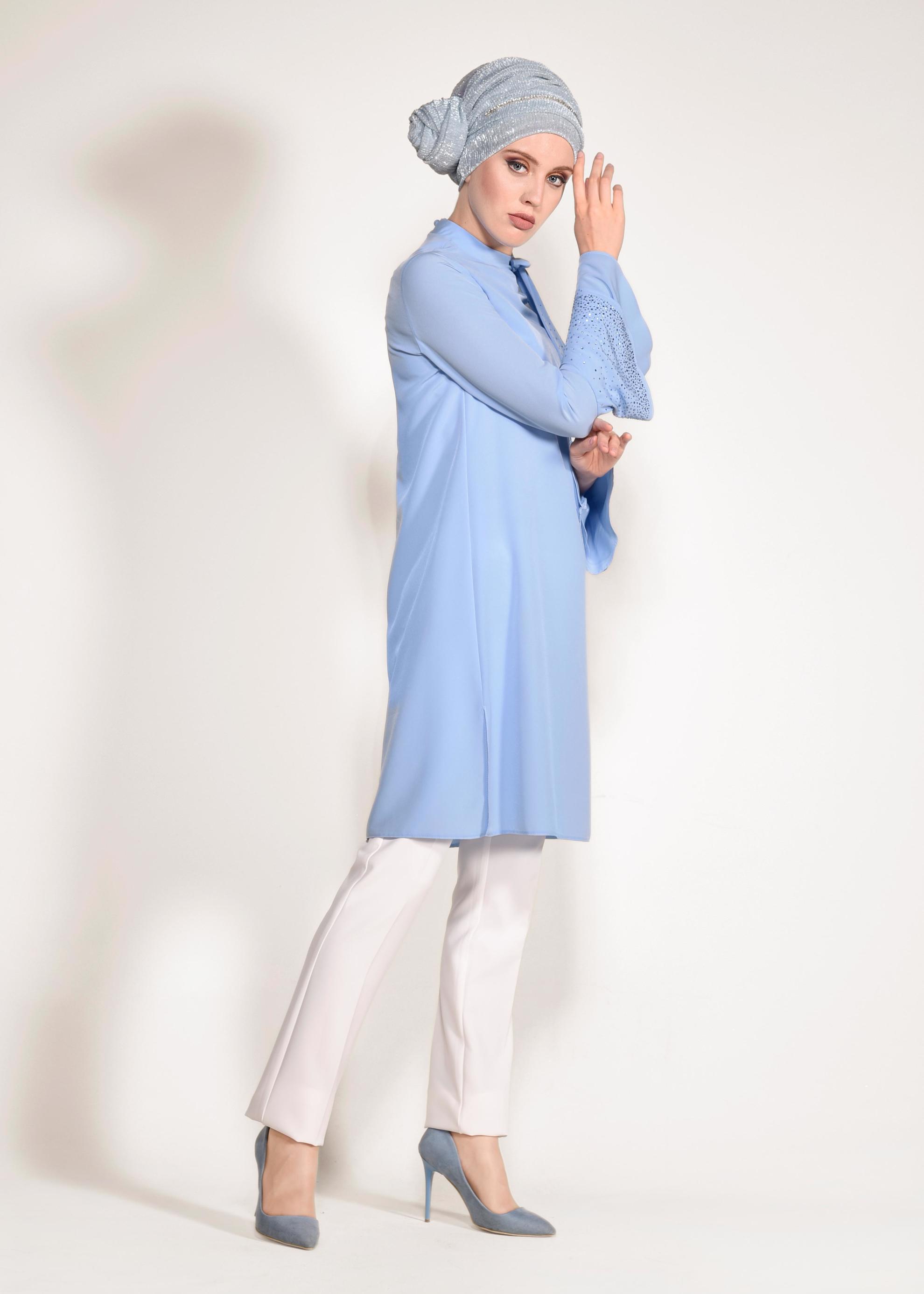 Tesettür giyim MAVİ KOLLARI VOLANLI 2&prime;Lİ PANTOLONLU TAKIM 3410