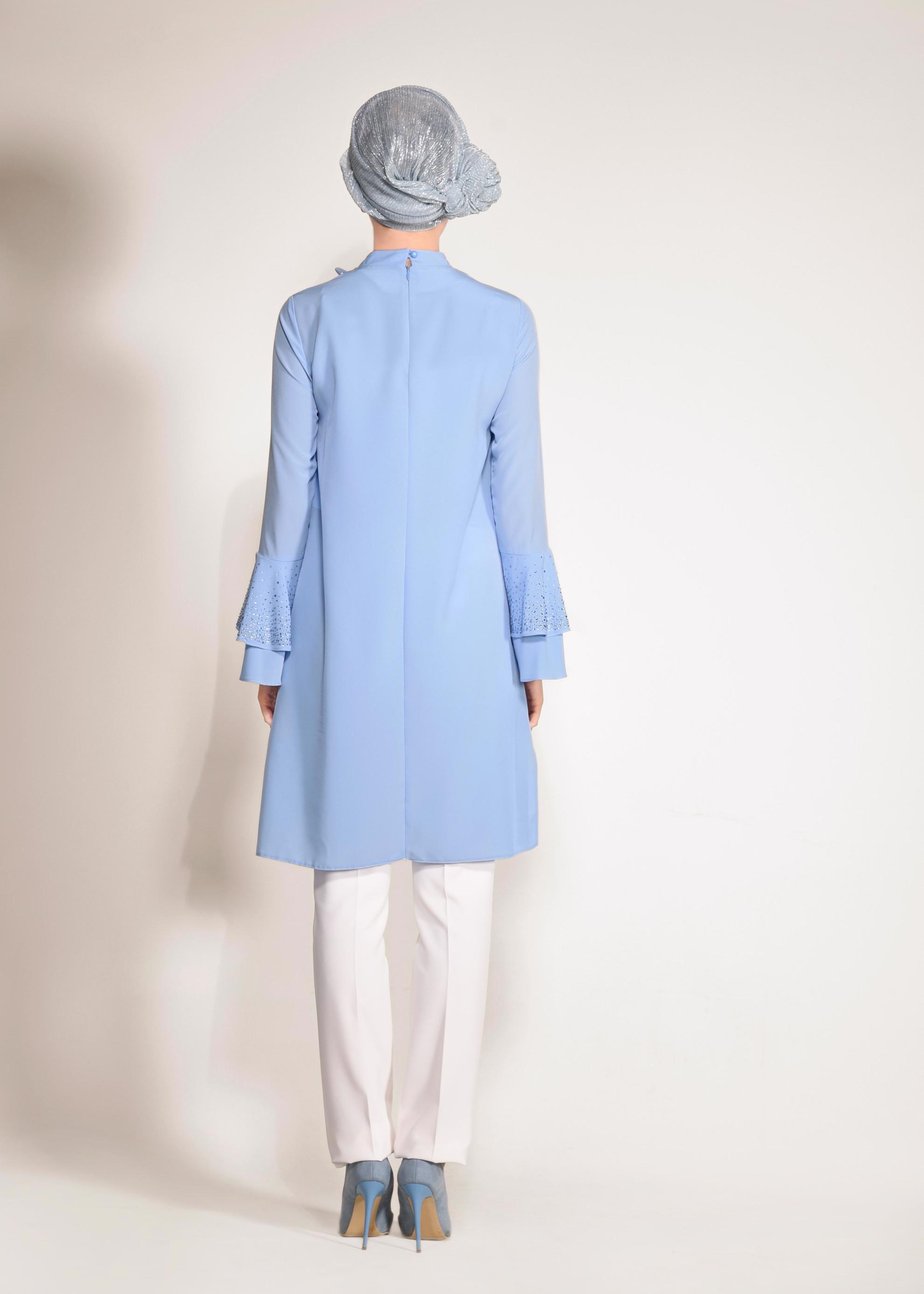 Tesettür giyim MAVİ KOLLARI VOLANLI 2&prime;Lİ PANTOLONLU TAKIM 3410