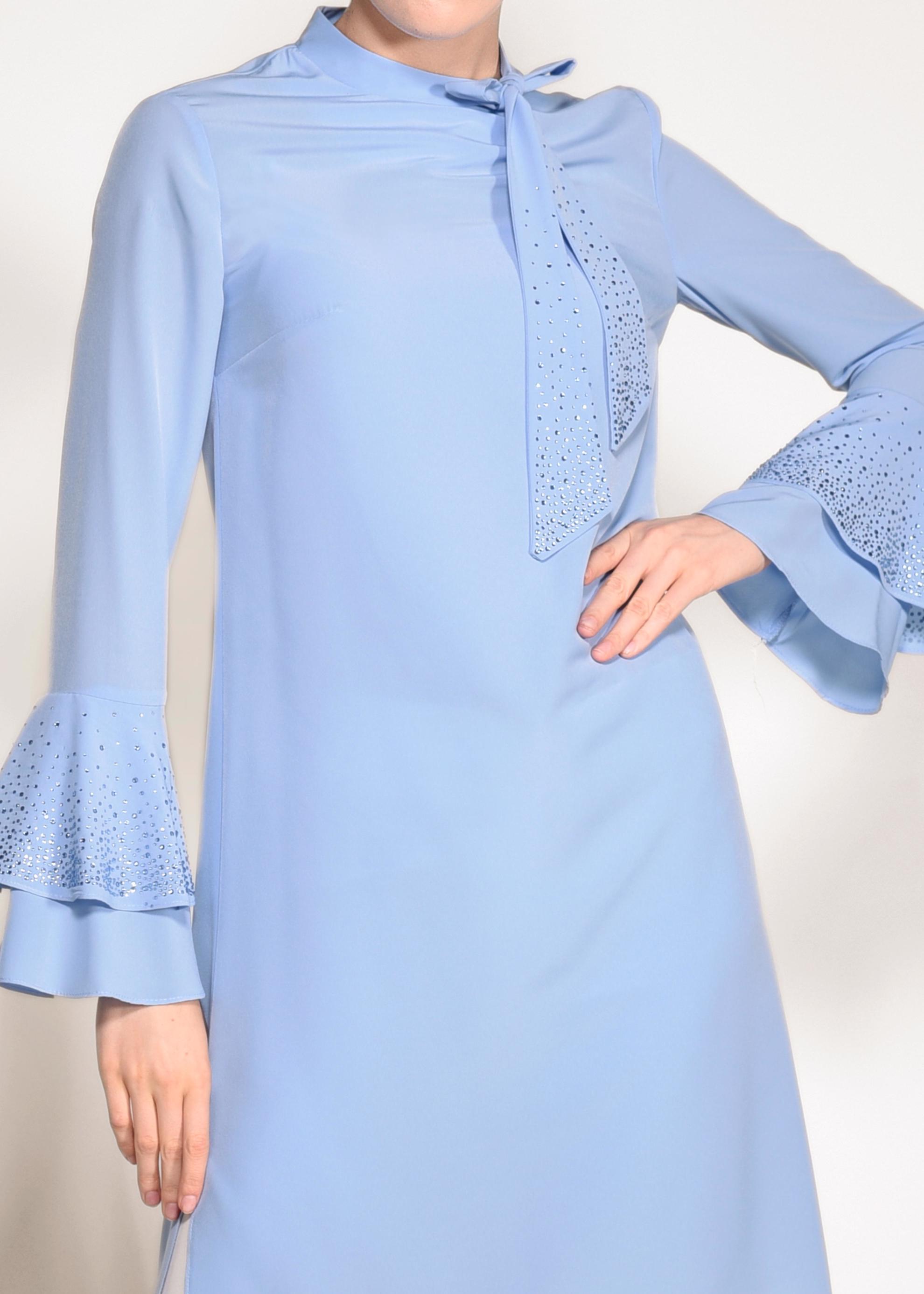 Tesettür giyim MAVİ KOLLARI VOLANLI 2&prime;Lİ PANTOLONLU TAKIM 3410