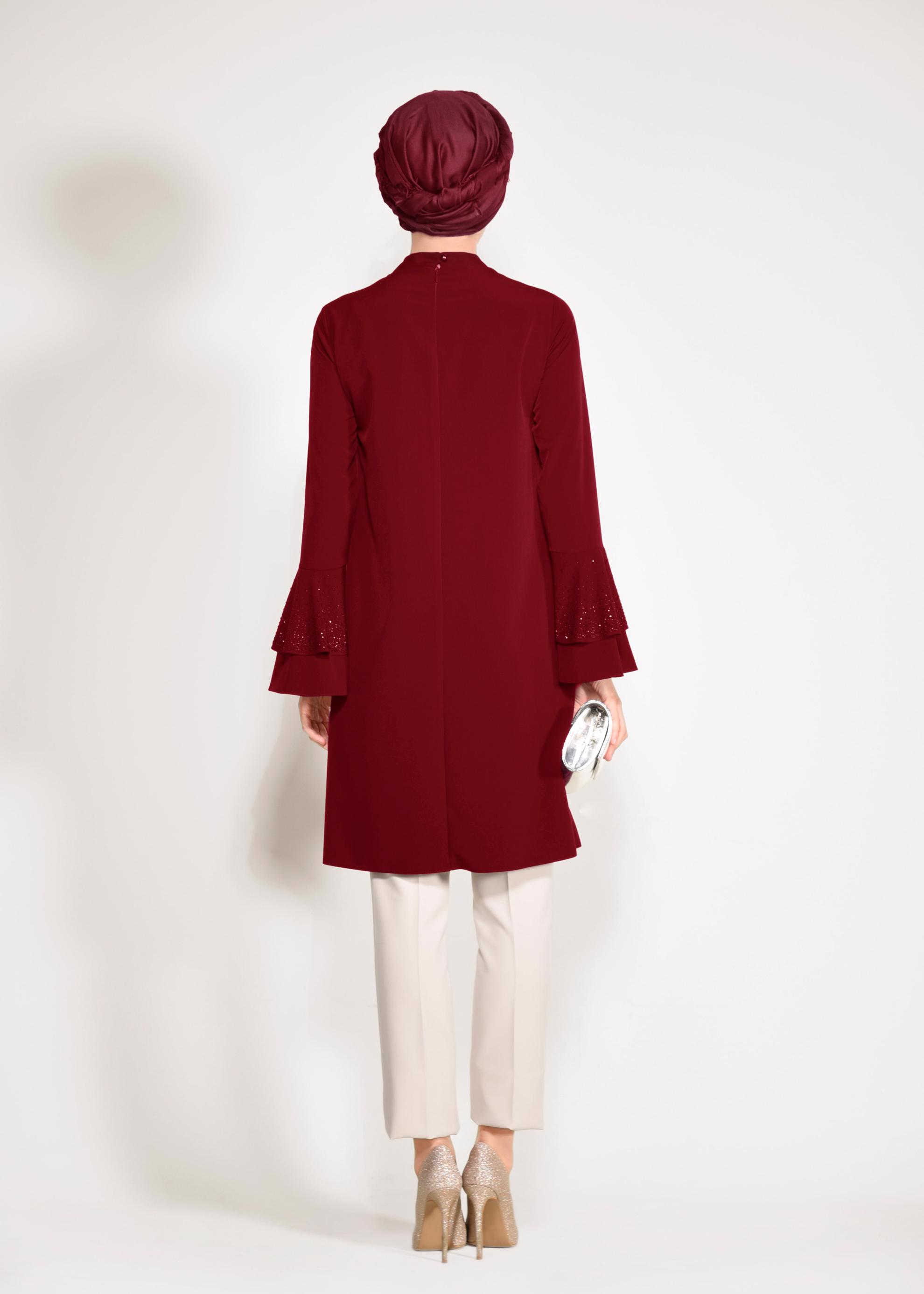 Tesettür giyim BORDO KOLLARI VOLANLI 2&prime;Lİ PANTOLONLU TAKIM 3410