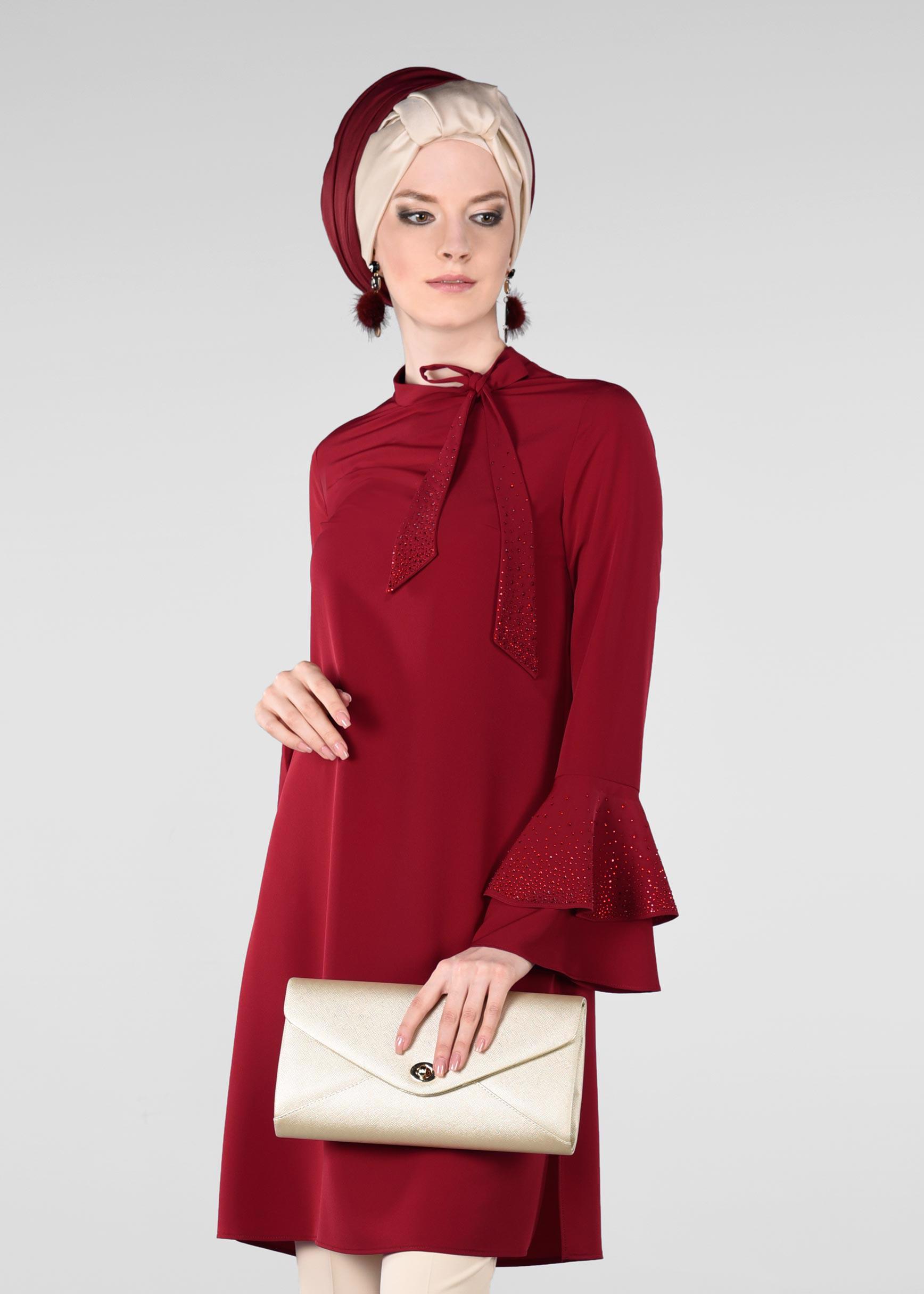 Tesettür giyim BORDO KOLLARI VOLANLI 2&prime;Lİ PANTOLONLU TAKIM 3410