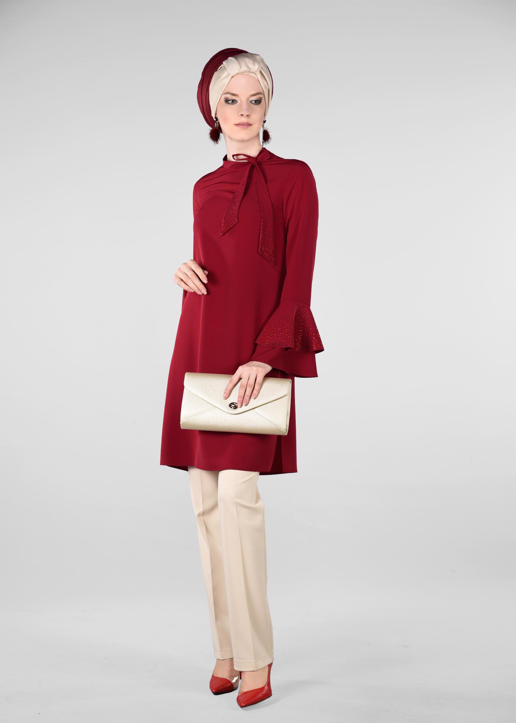 Tesettür giyim BORDO KOLLARI VOLANLI 2&prime;Lİ PANTOLONLU TAKIM 3410