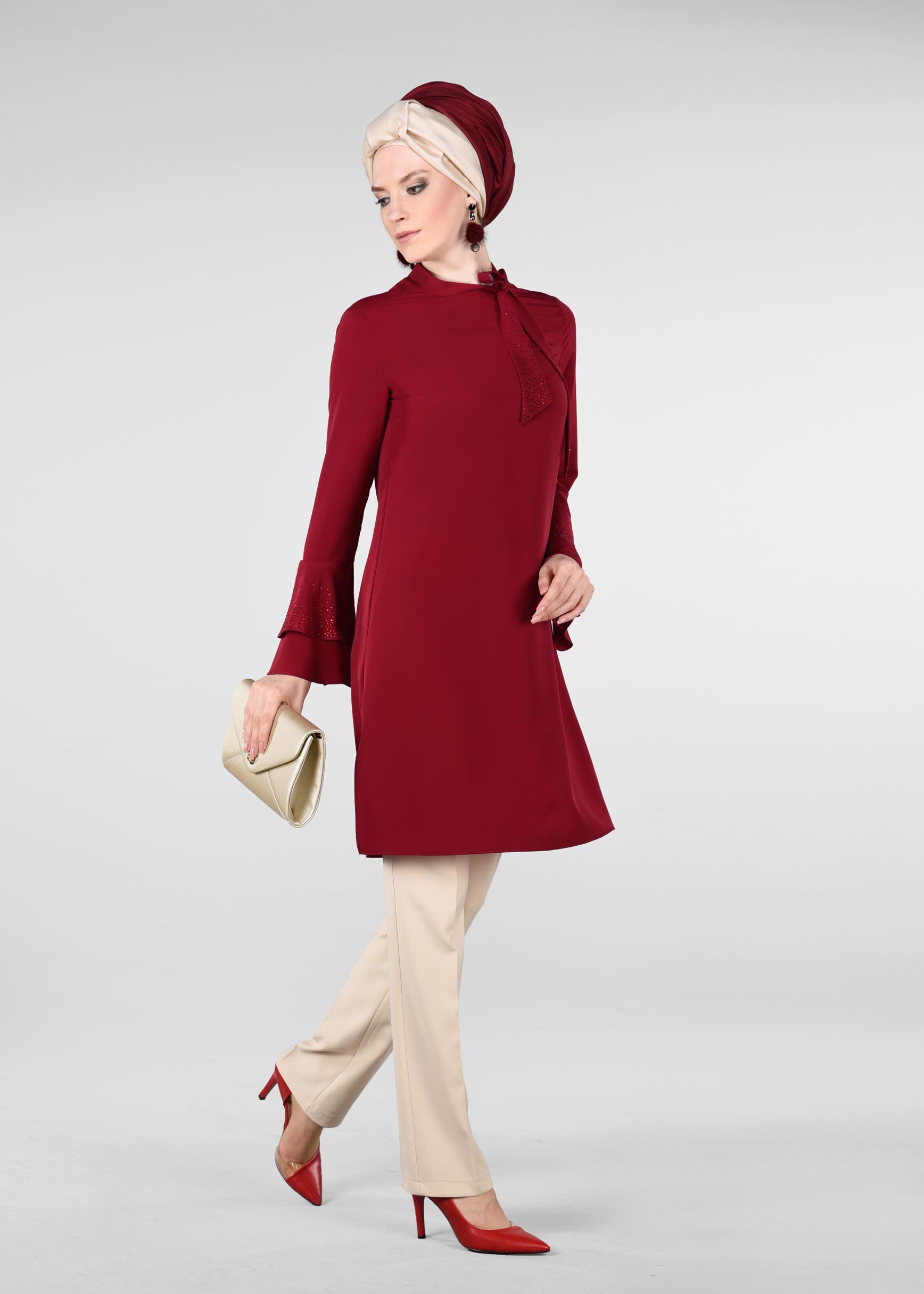 Tesettür giyim BORDO KOLLARI VOLANLI 2&prime;Lİ PANTOLONLU TAKIM 3410