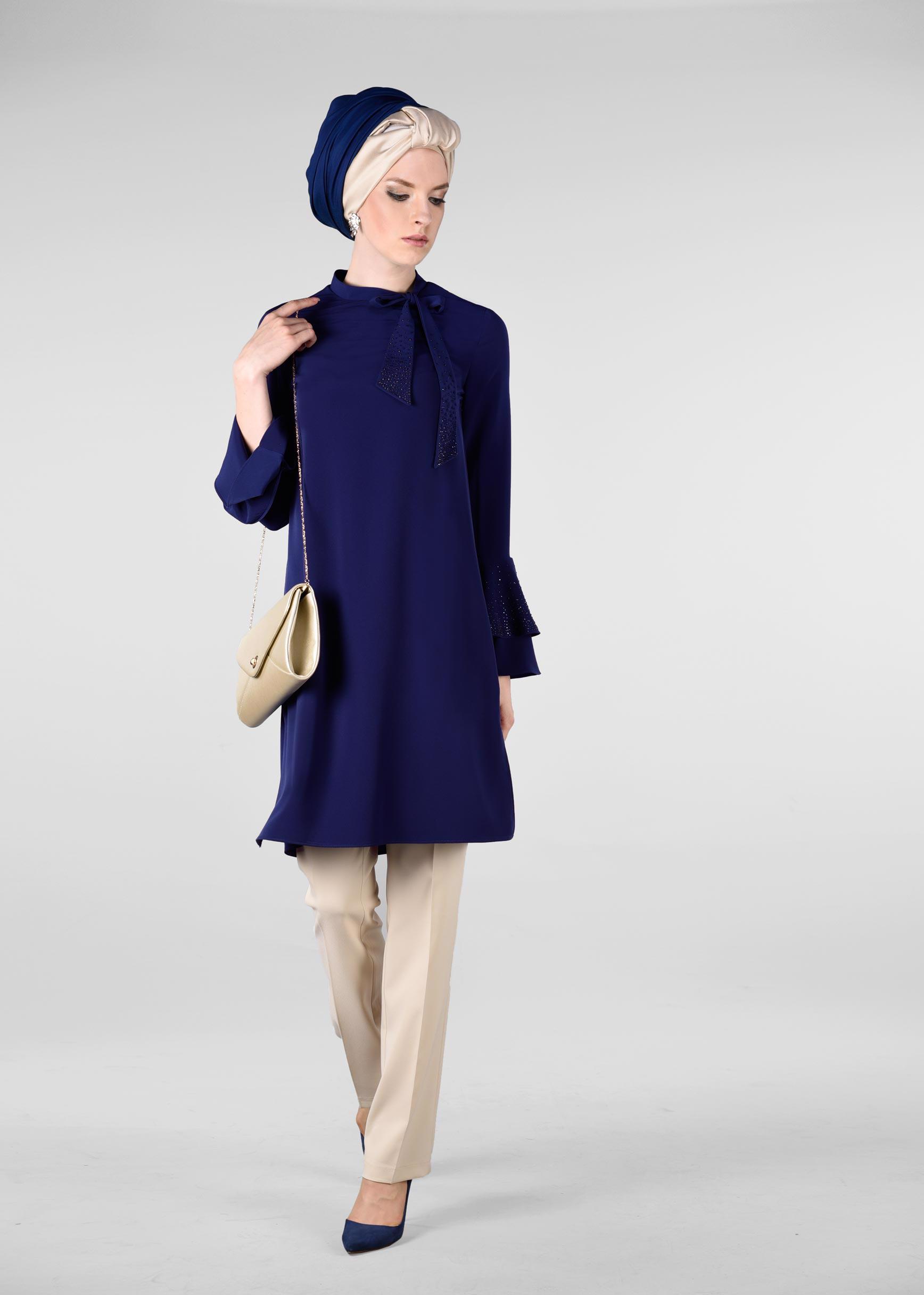 Tesettür giyim LACİVERT KOLLARI VOLANLI 2&prime;Lİ PANTOLONLU TAKIM 3410