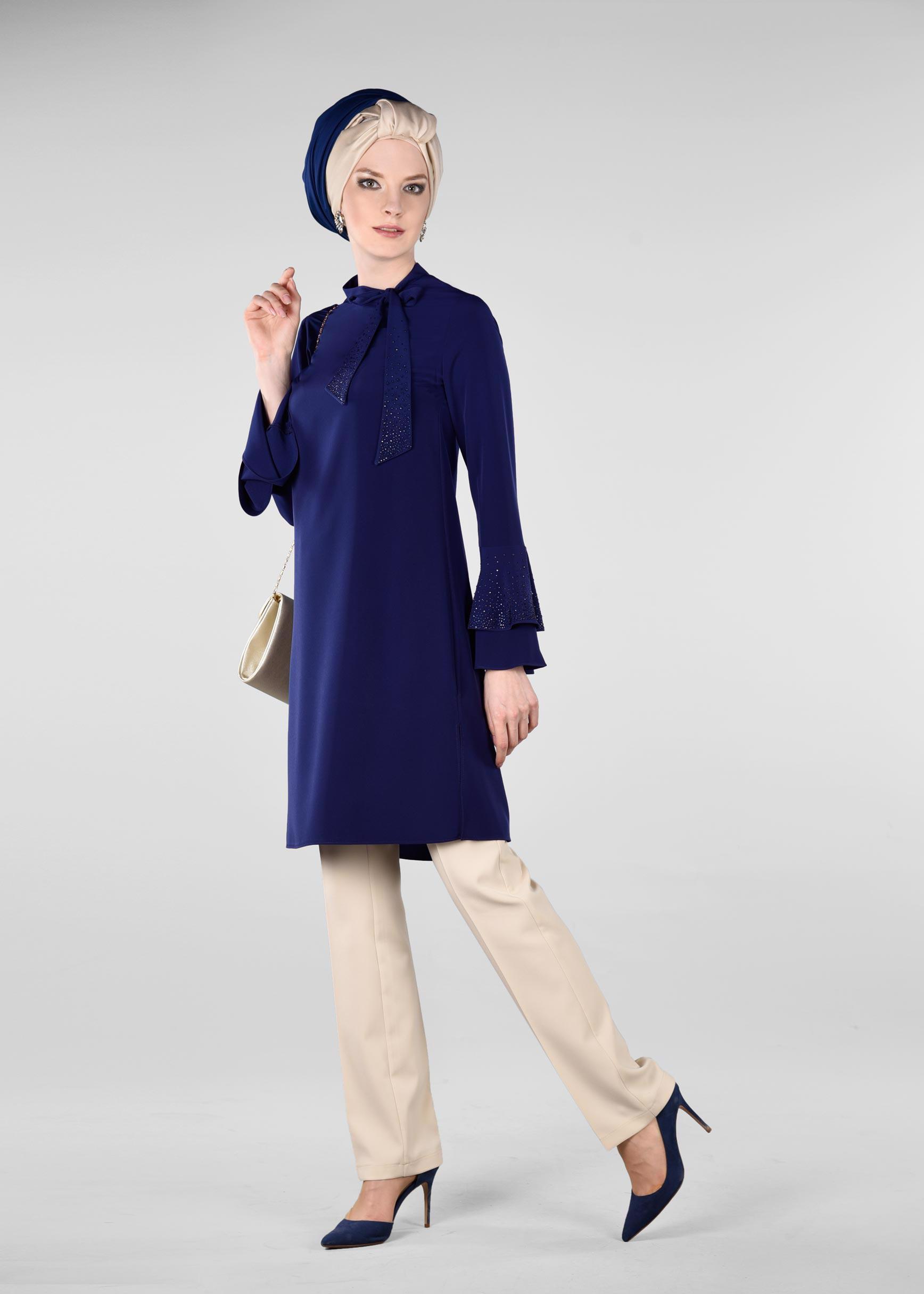 Tesettür giyim LACİVERT KOLLARI VOLANLI 2&prime;Lİ PANTOLONLU TAKIM 3410