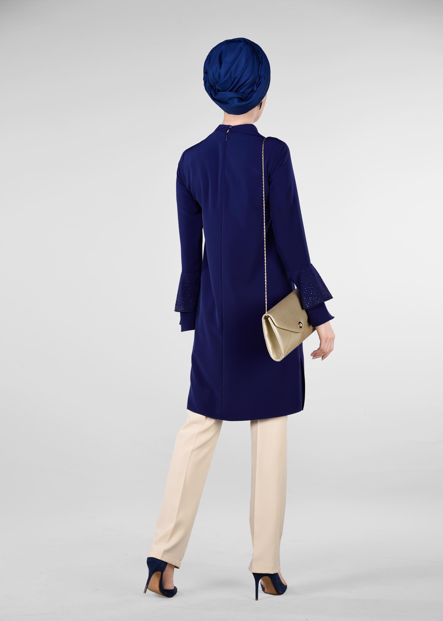 Tesettür giyim LACİVERT KOLLARI VOLANLI 2&prime;Lİ PANTOLONLU TAKIM 3410