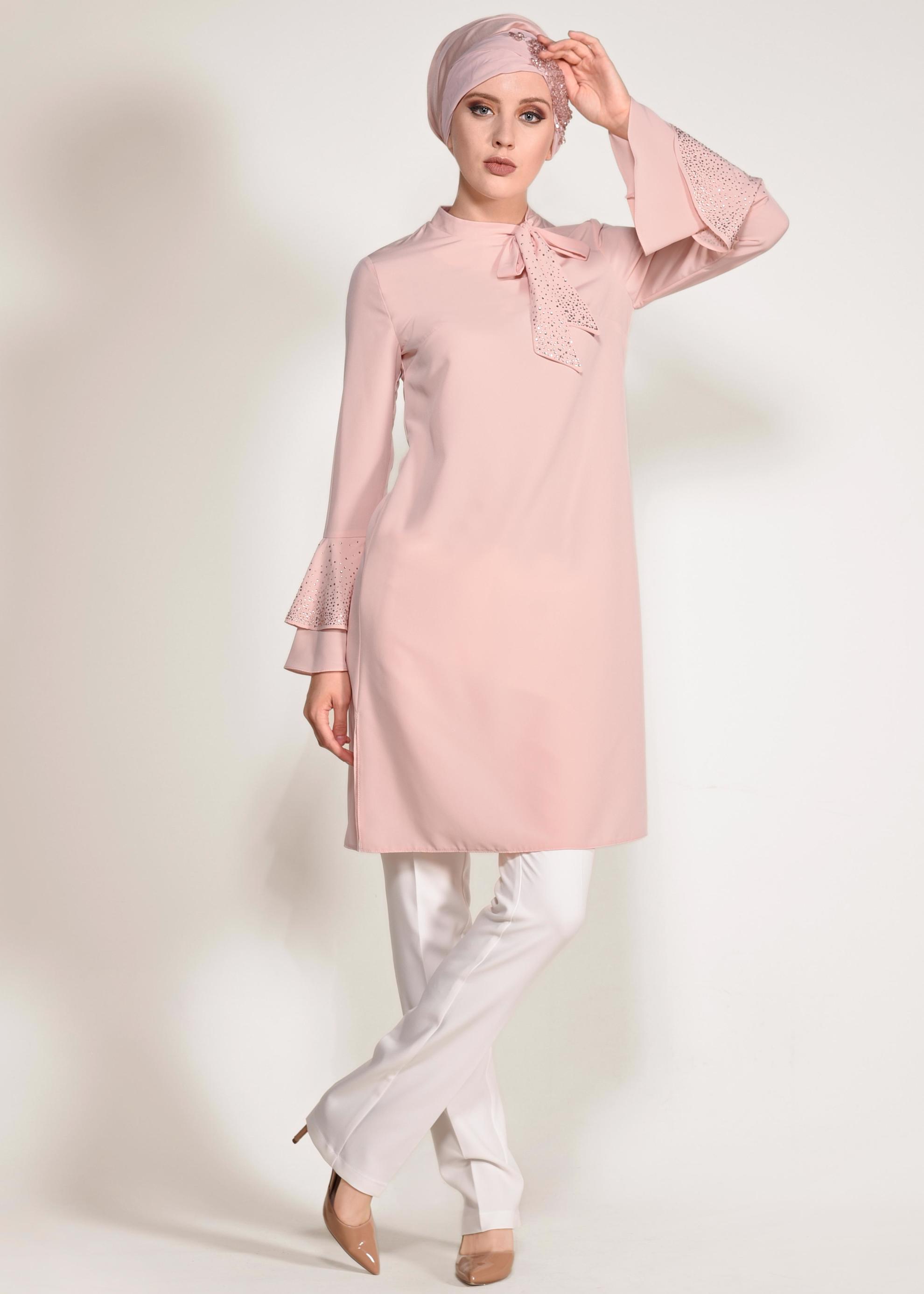 Tesettür giyim PUDRA KOLLARI VOLANLI 2&prime;Lİ PANTOLONLU TAKIM 3410