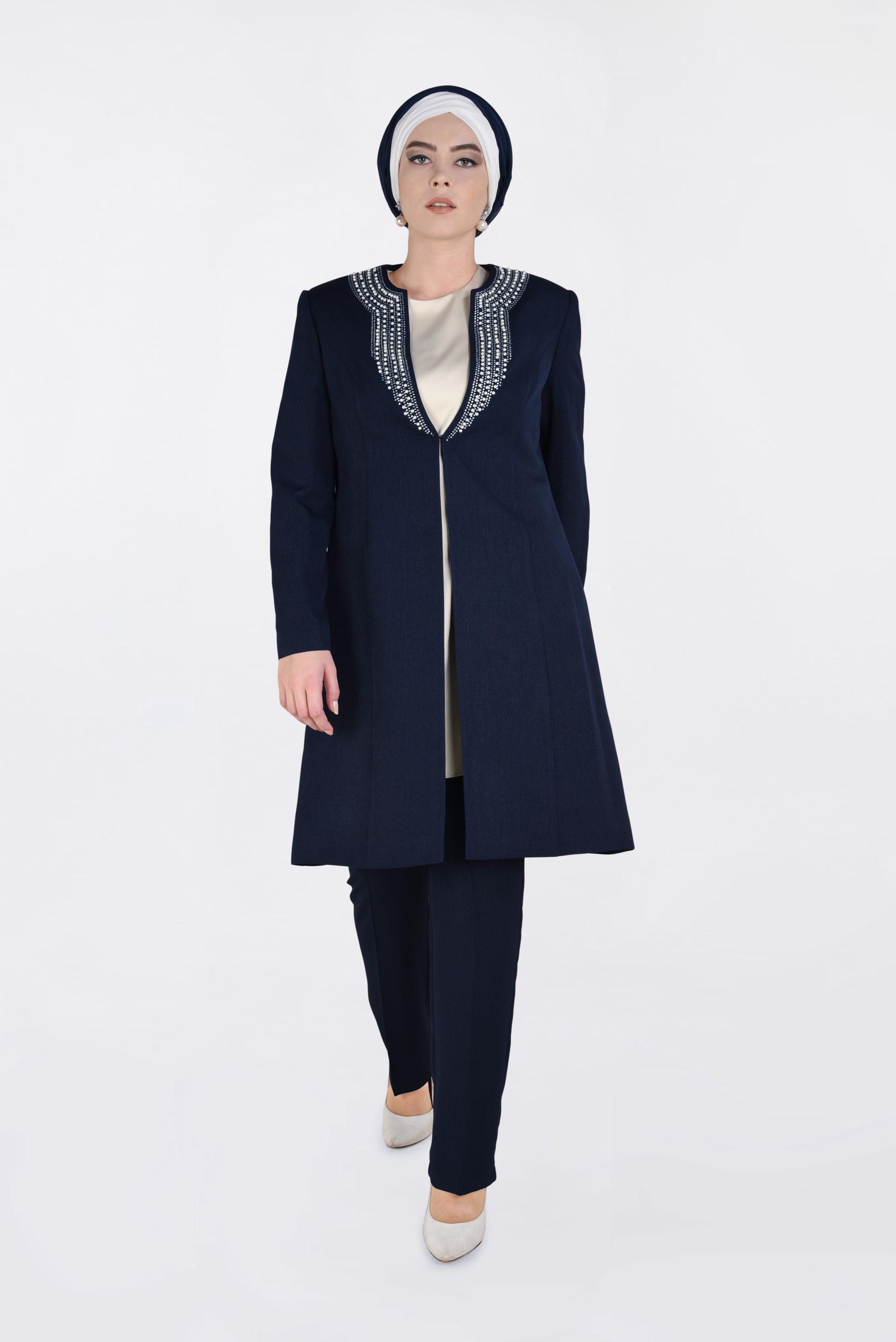 Tesettür giyim LACİVERT TAŞ BASKILI İNCİ İŞLEMELİ 3&prime;LÜ PANT.TAKIM 3425