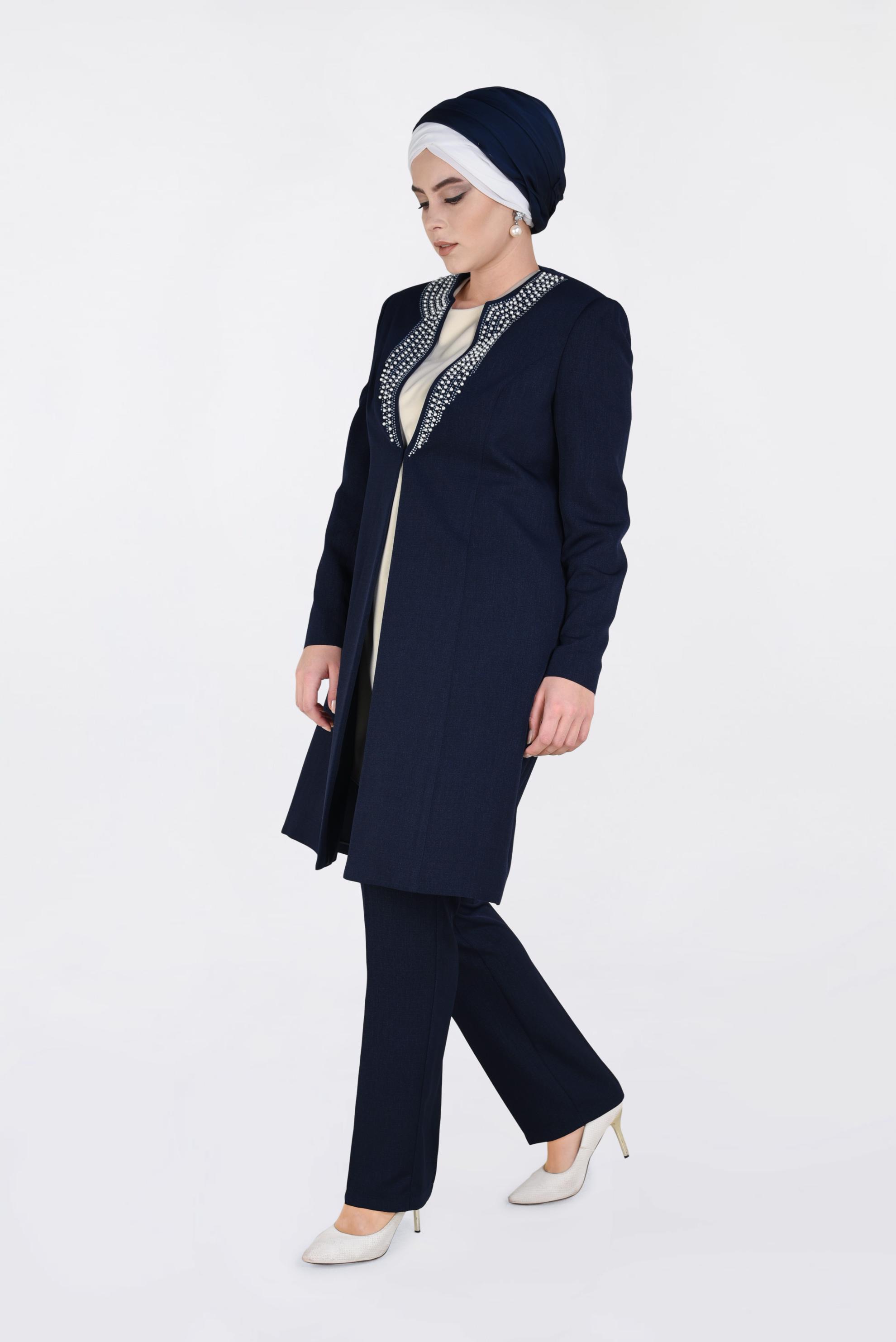 Tesettür giyim LACİVERT TAŞ BASKILI İNCİ İŞLEMELİ 3&prime;LÜ PANT.TAKIM 3425