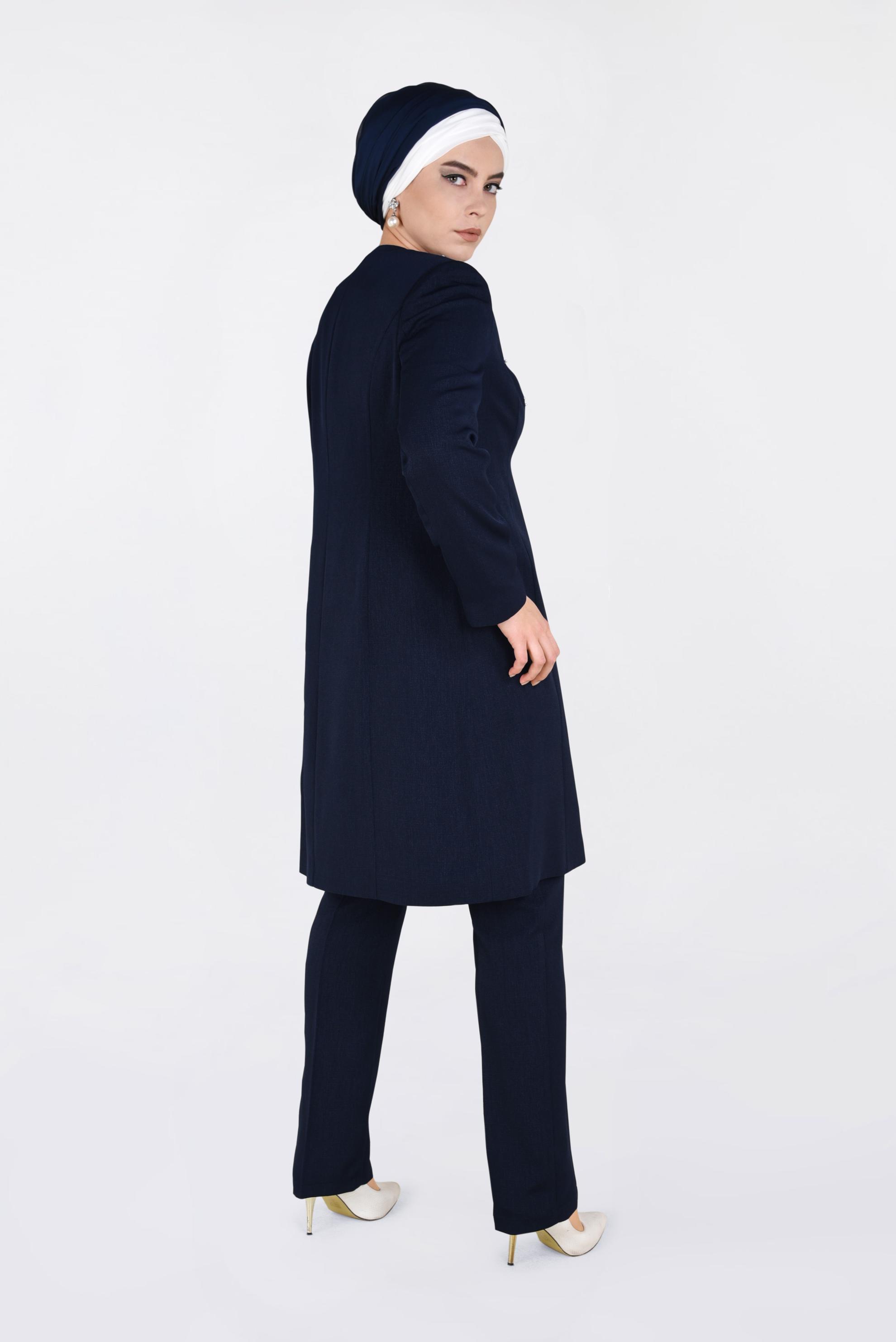 Tesettür giyim LACİVERT TAŞ BASKILI İNCİ İŞLEMELİ 3&prime;LÜ PANT.TAKIM 3425