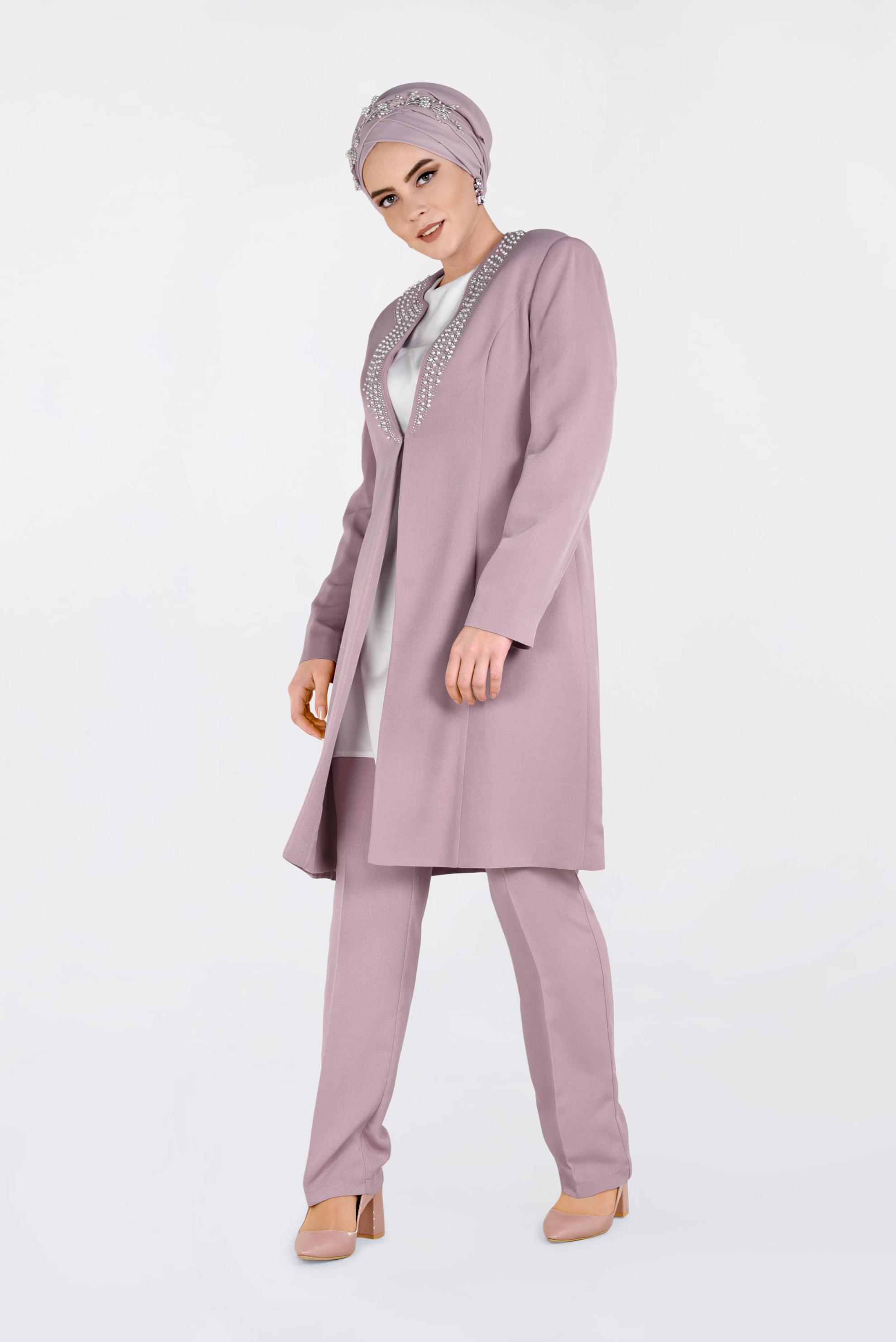 Tesettür giyim PUDRA TAŞ BASKILI İNCİ İŞLEMELİ 3&prime;LÜ PANT.TAKIM 3425