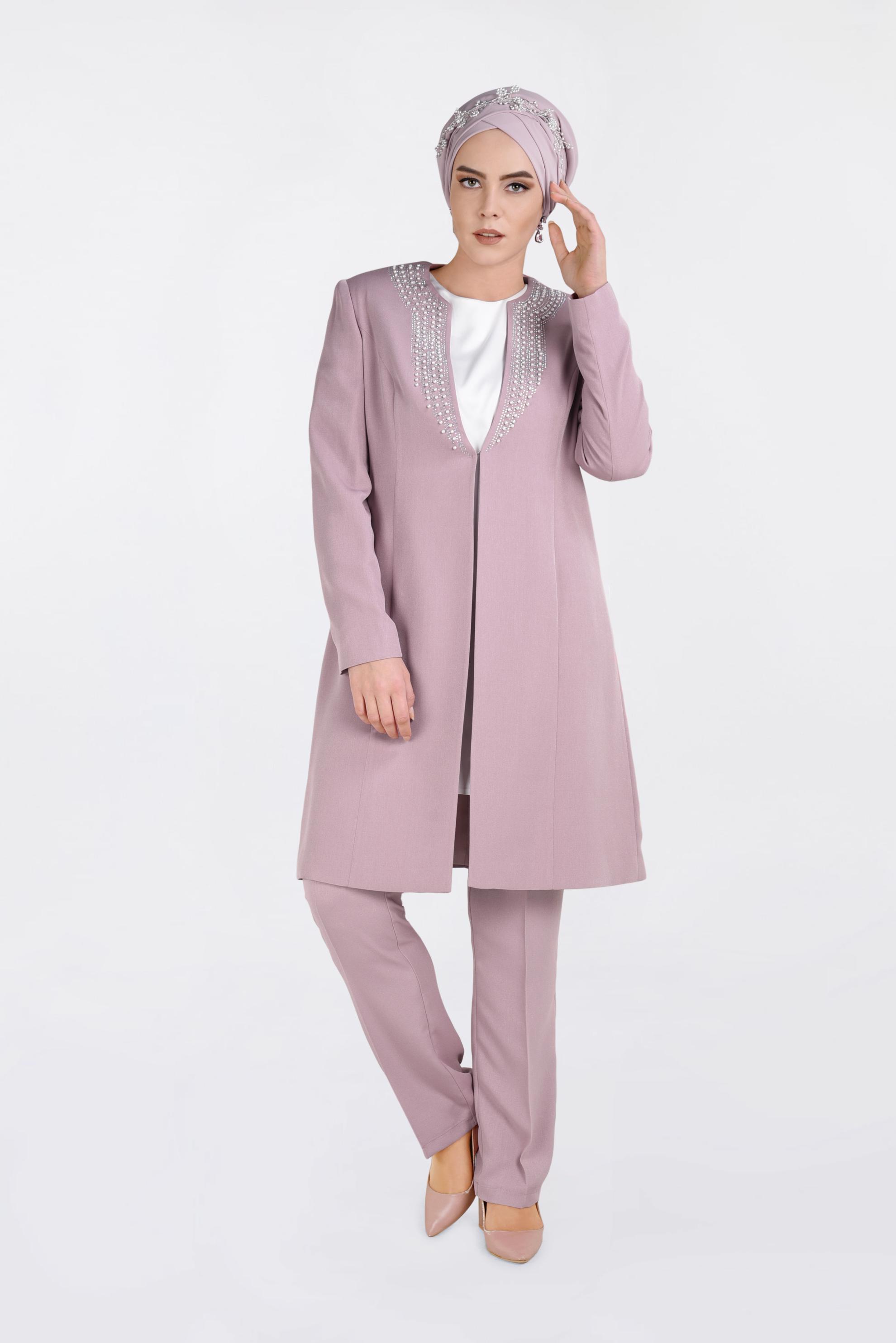 Tesettür giyim PUDRA TAŞ BASKILI İNCİ İŞLEMELİ 3&prime;LÜ PANT.TAKIM 3425