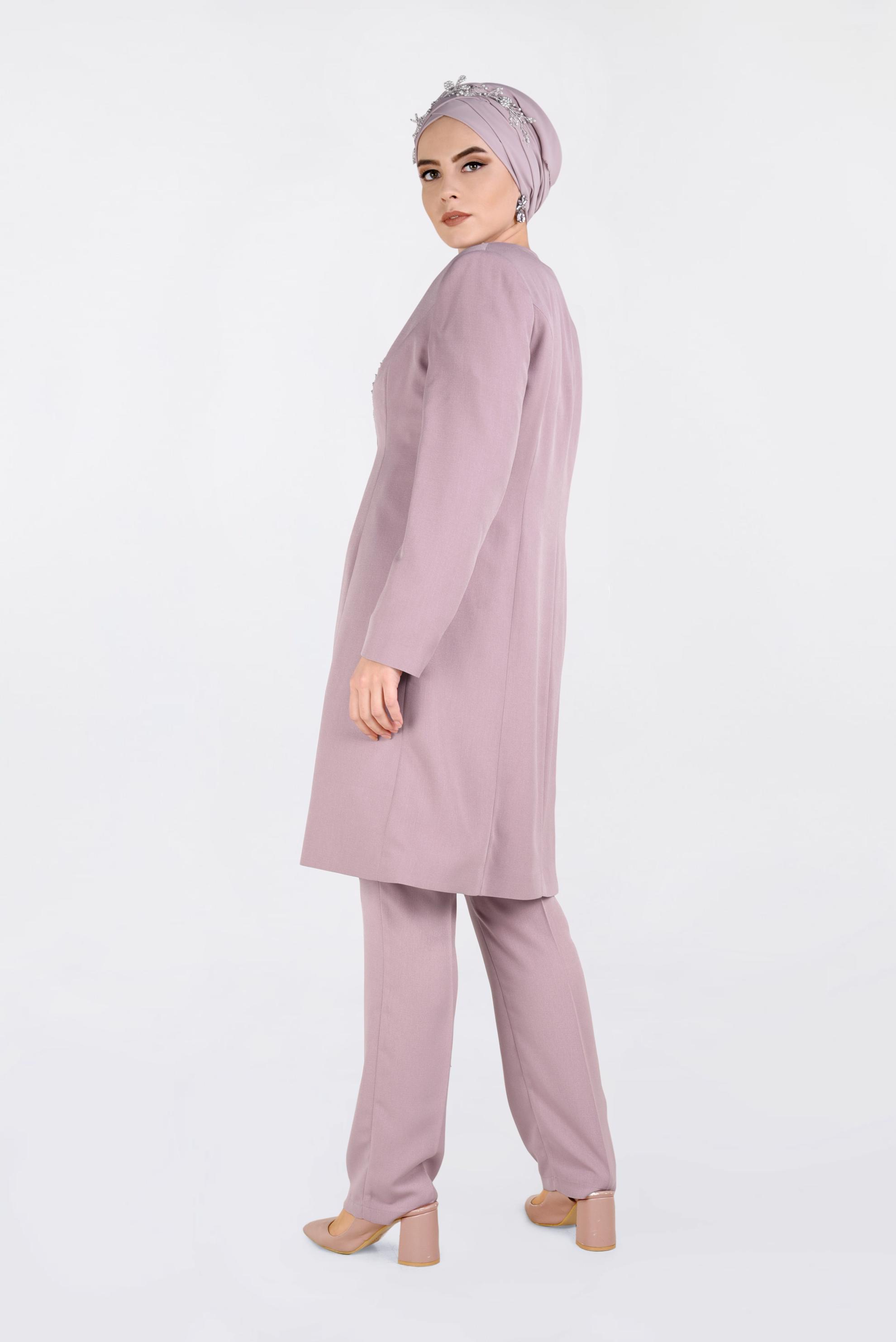 Tesettür giyim PUDRA TAŞ BASKILI İNCİ İŞLEMELİ 3&prime;LÜ PANT.TAKIM 3425