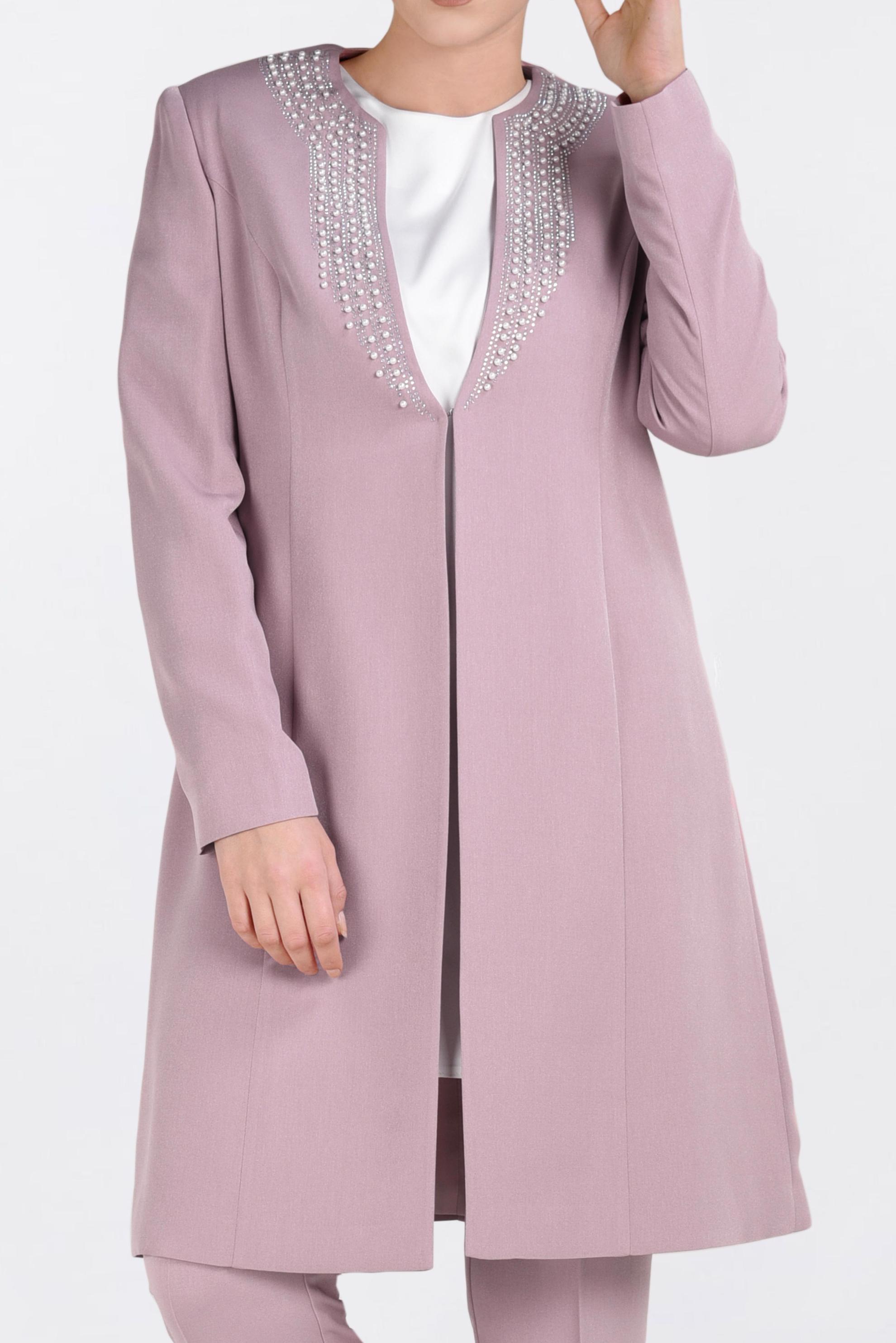 Tesettür giyim PUDRA TAŞ BASKILI İNCİ İŞLEMELİ 3&prime;LÜ PANT.TAKIM 3425