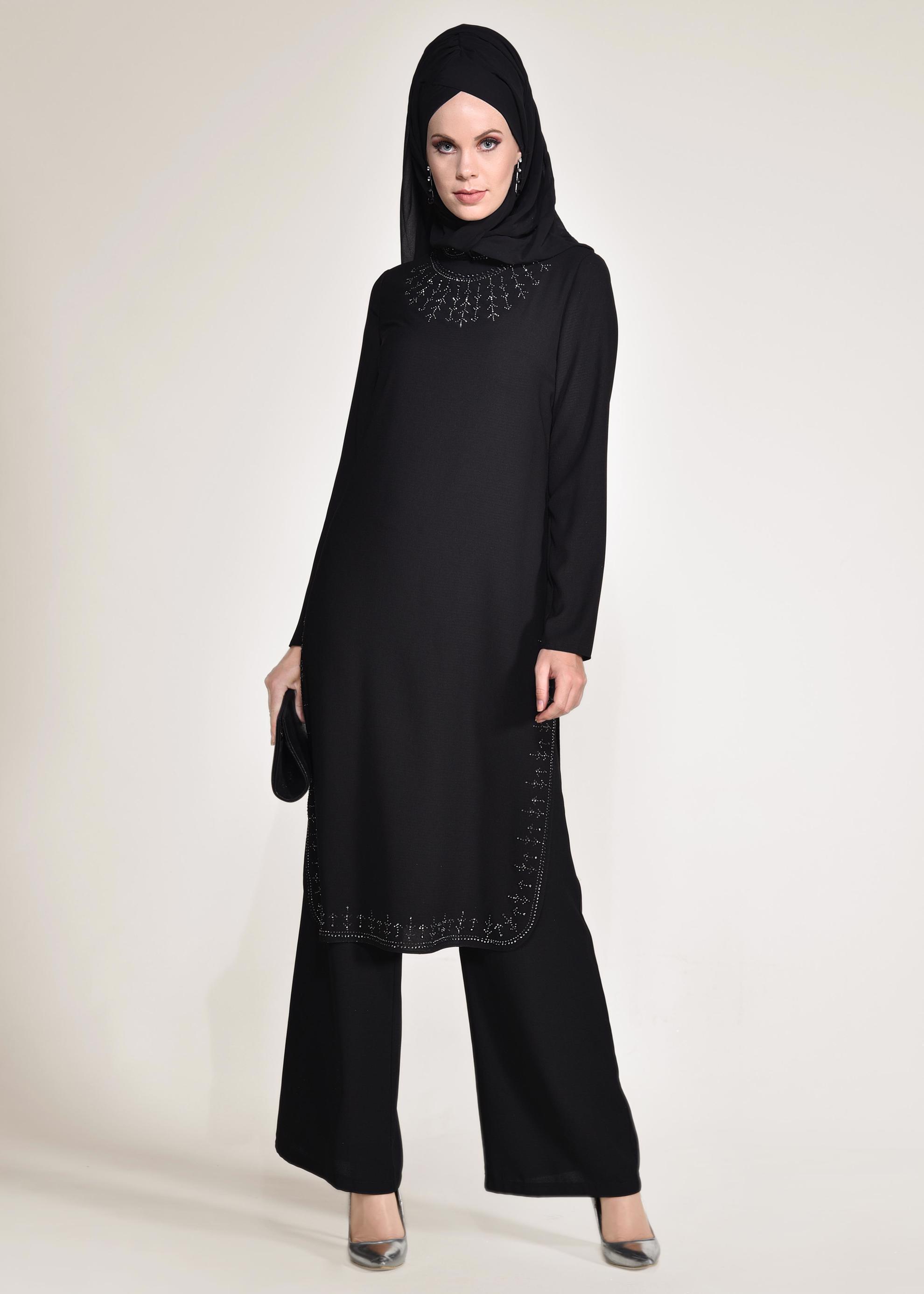 Tesettür giyim SİYAH YANLARI YIRTMAÇLI 2&prime;Lİ PANTOLONLU TAKIM 3432