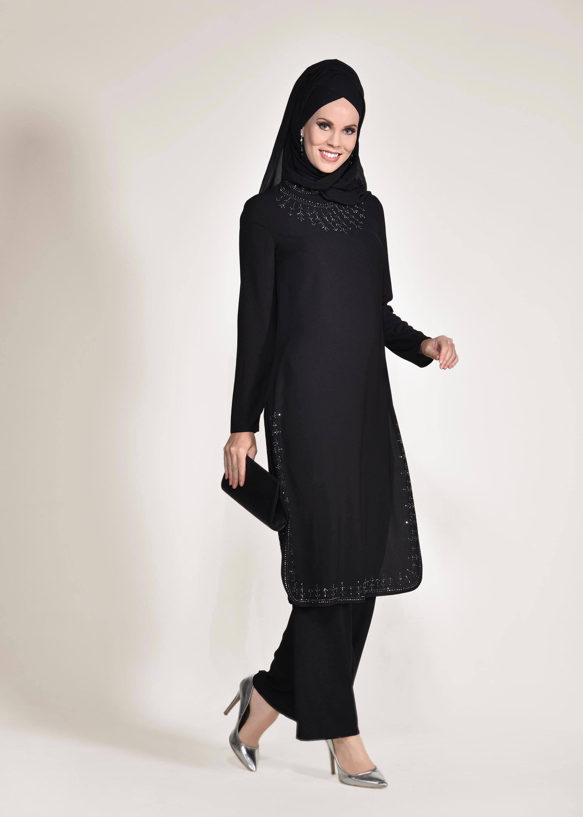 Tesettür giyim SİYAH YANLARI YIRTMAÇLI 2&prime;Lİ PANTOLONLU TAKIM 3432