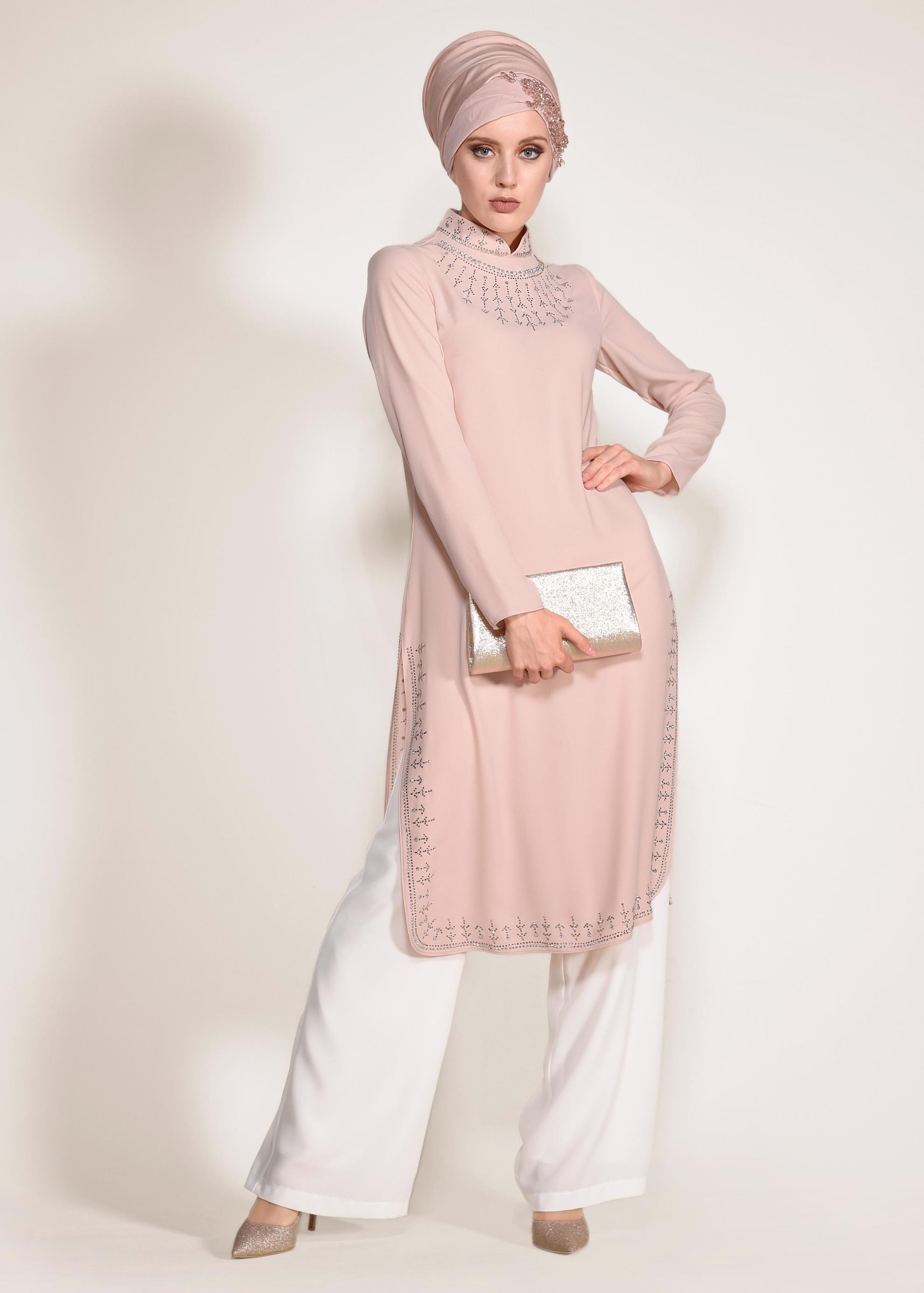 Tesettür giyim PUDRA YANLARI YIRTMAÇLI 2&prime;Lİ PANTOLONLU TAKIM 3432