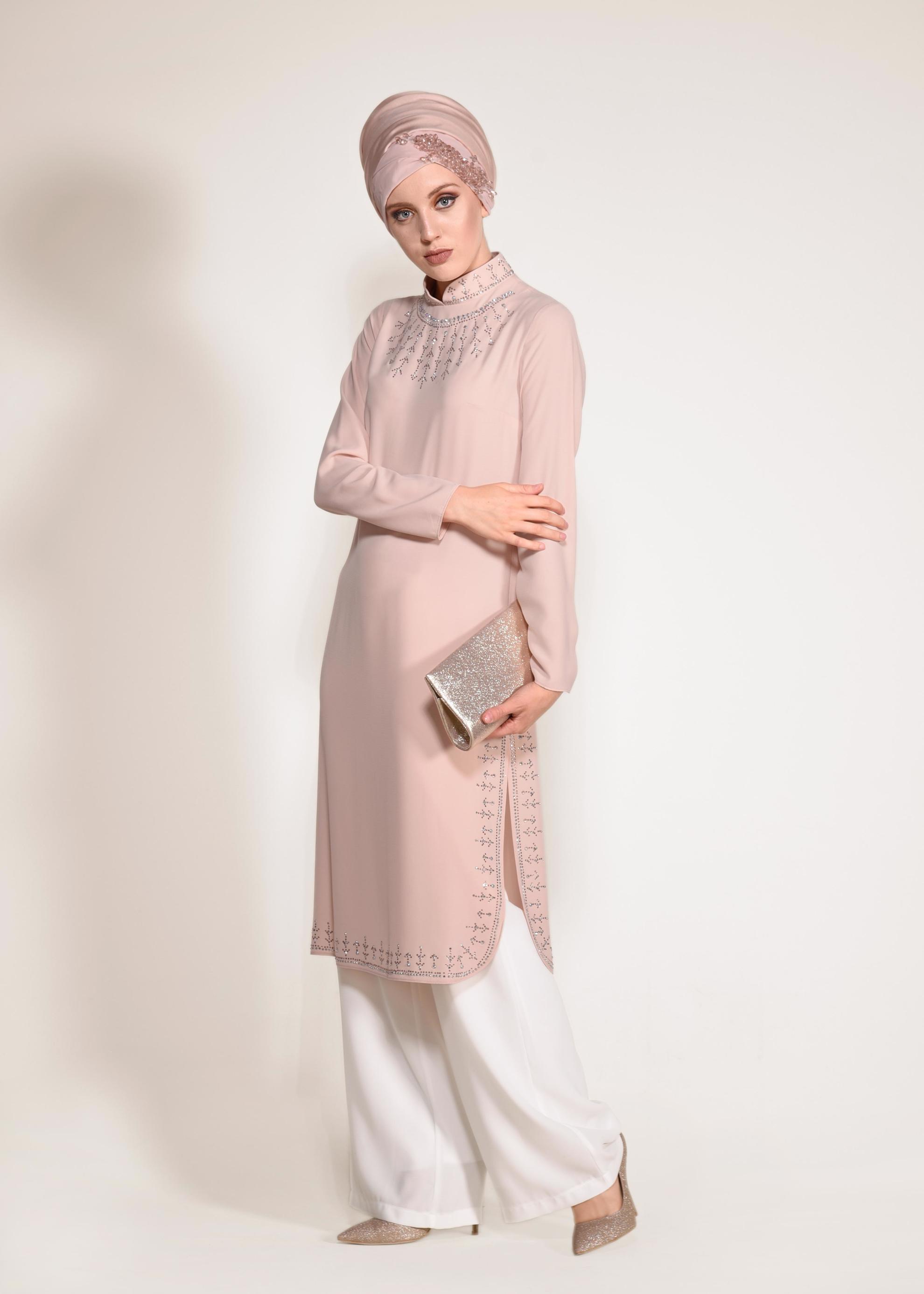 Tesettür giyim PUDRA YANLARI YIRTMAÇLI 2&prime;Lİ PANTOLONLU TAKIM 3432