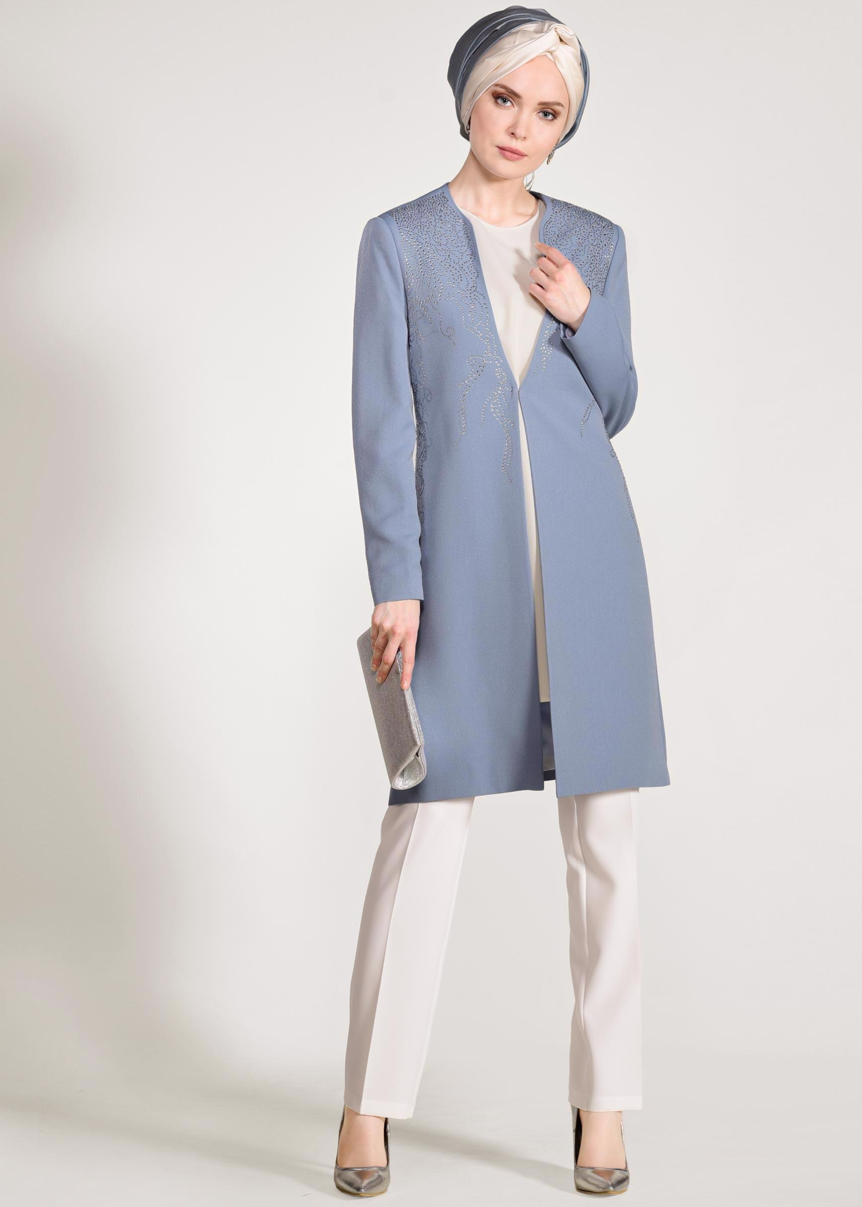 Tesettür giyim MAVİ TAŞ İŞLEMELİ KLASİK 3&prime;LÜ PANTOLONLU TAKIM 3435