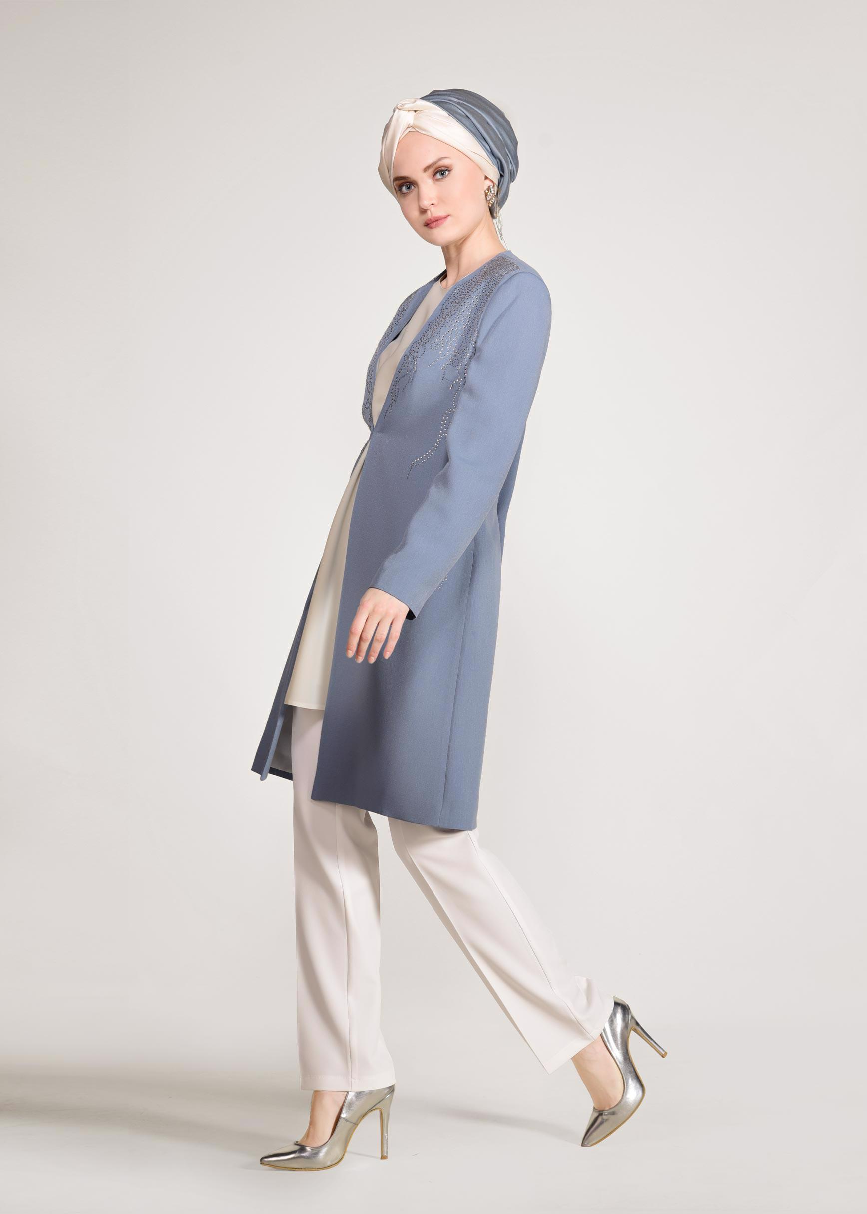 Tesettür giyim MAVİ TAŞ İŞLEMELİ KLASİK 3&prime;LÜ PANTOLONLU TAKIM 3435