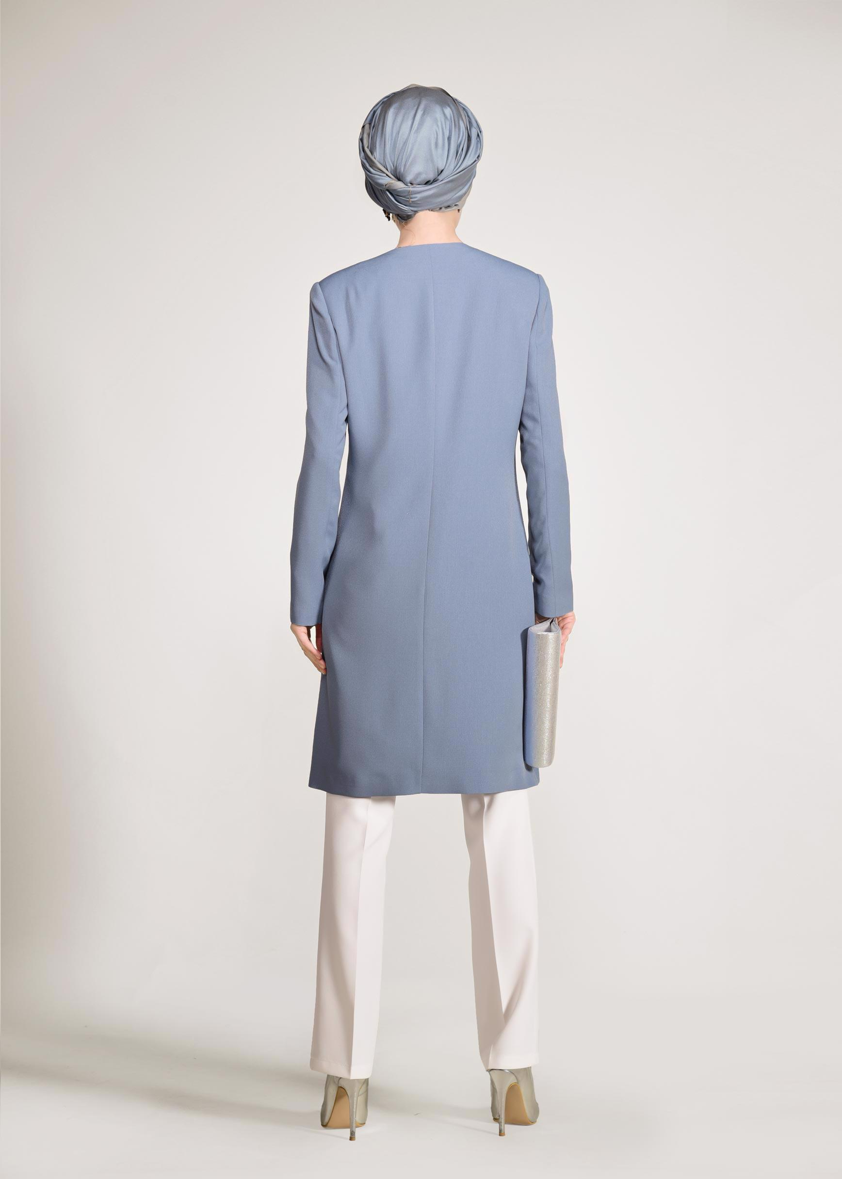 Tesettür giyim MAVİ TAŞ İŞLEMELİ KLASİK 3&prime;LÜ PANTOLONLU TAKIM 3435