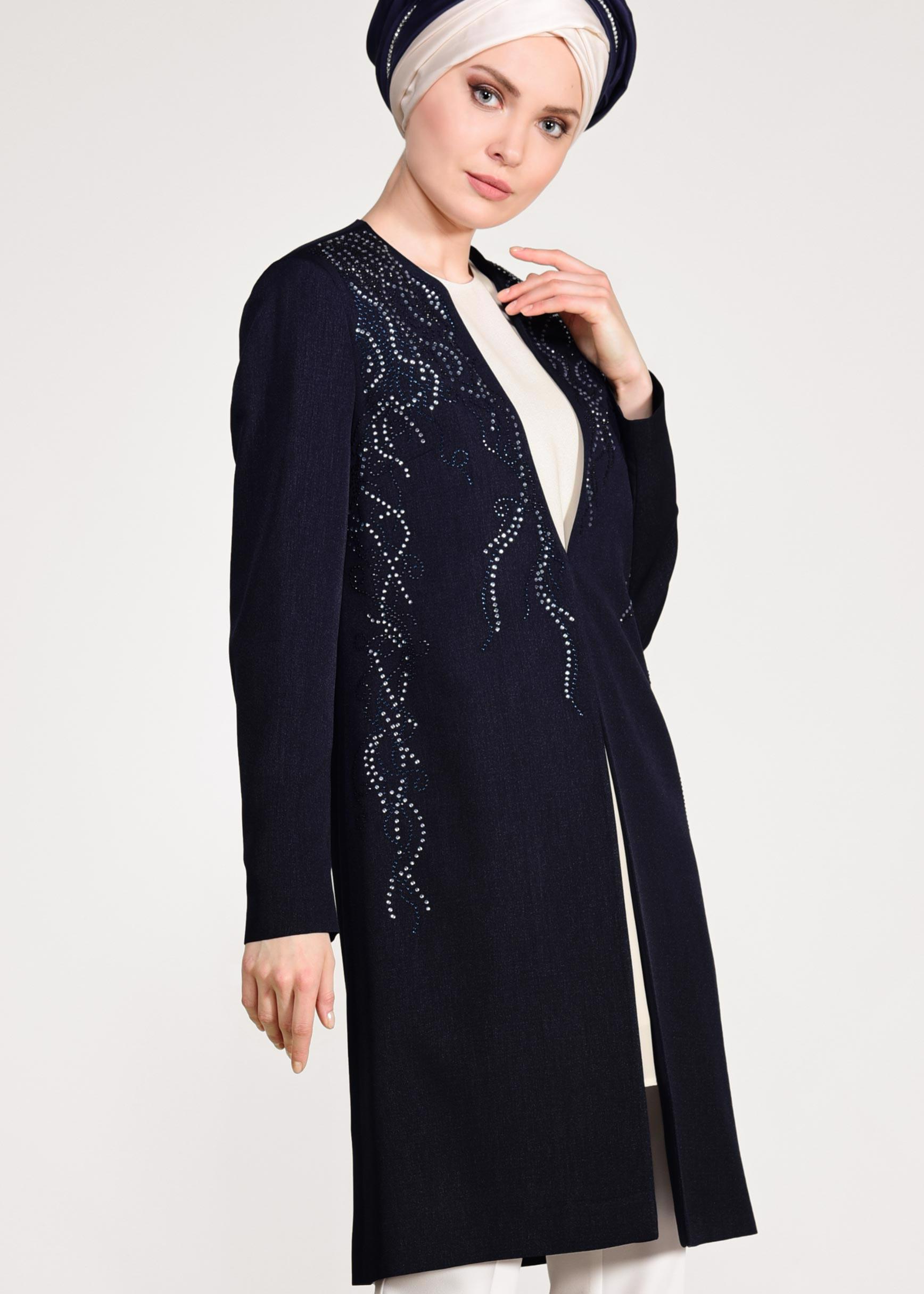 Tesettür giyim LACİVERT TAŞ İŞLEMELİ KLASİK 3&prime;LÜ PANTOLONLU TAKIM 3435