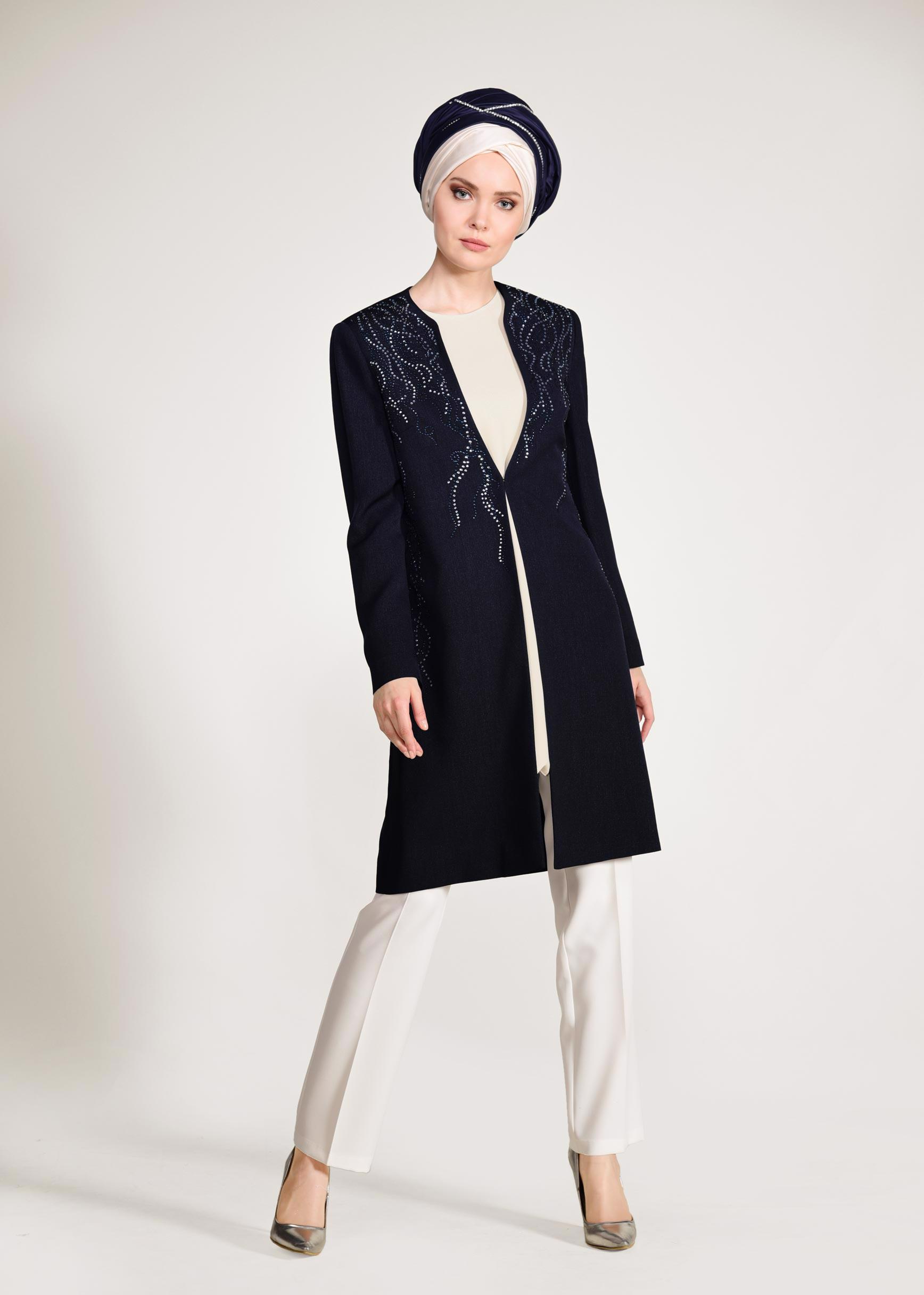 Tesettür giyim LACİVERT TAŞ İŞLEMELİ KLASİK 3&prime;LÜ PANTOLONLU TAKIM 3435