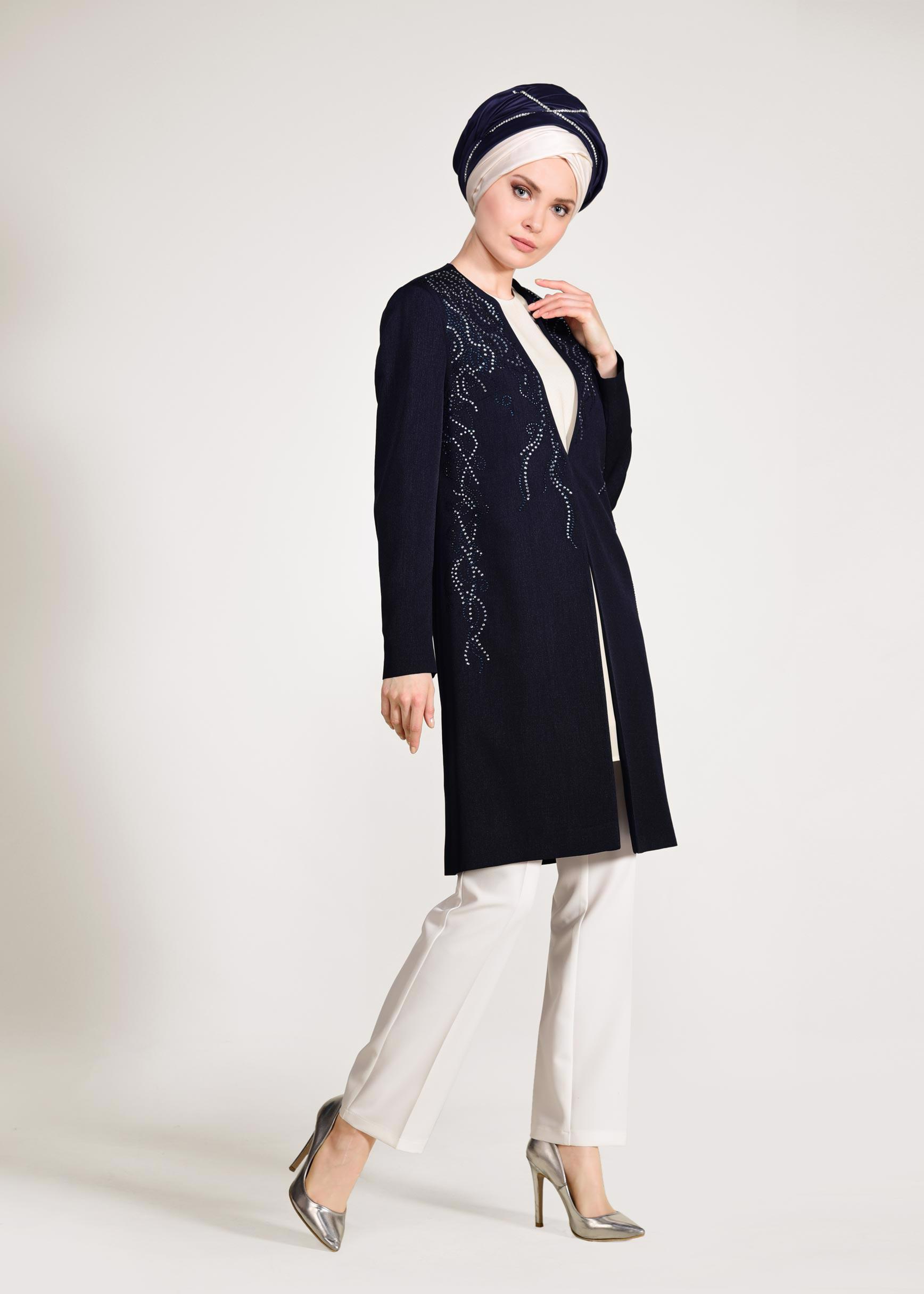 Tesettür giyim LACİVERT TAŞ İŞLEMELİ KLASİK 3&prime;LÜ PANTOLONLU TAKIM 3435