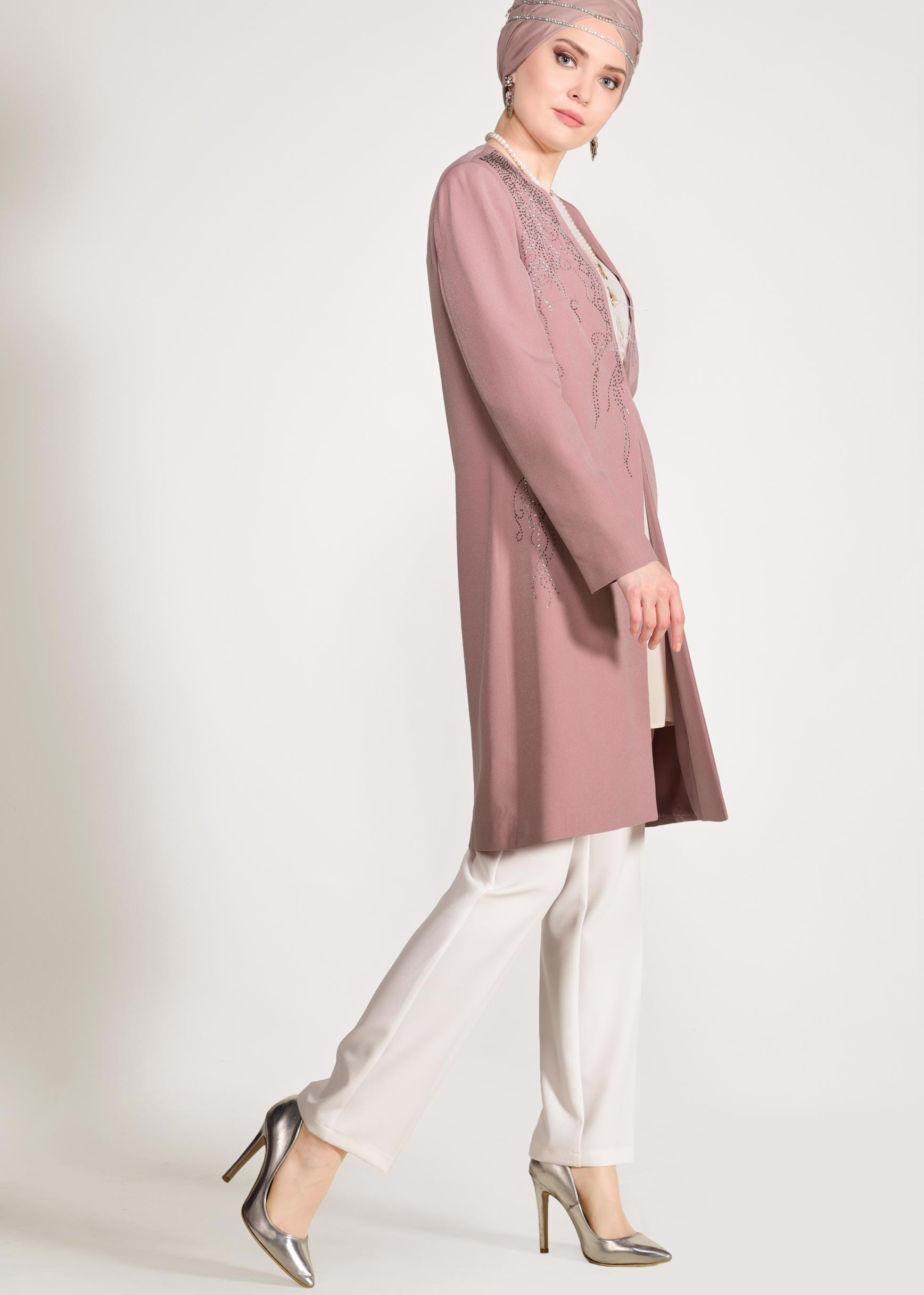 Tesettür giyim PUDRA TAŞ İŞLEMELİ KLASİK 3&prime;LÜ PANTOLONLU TAKIM 3435