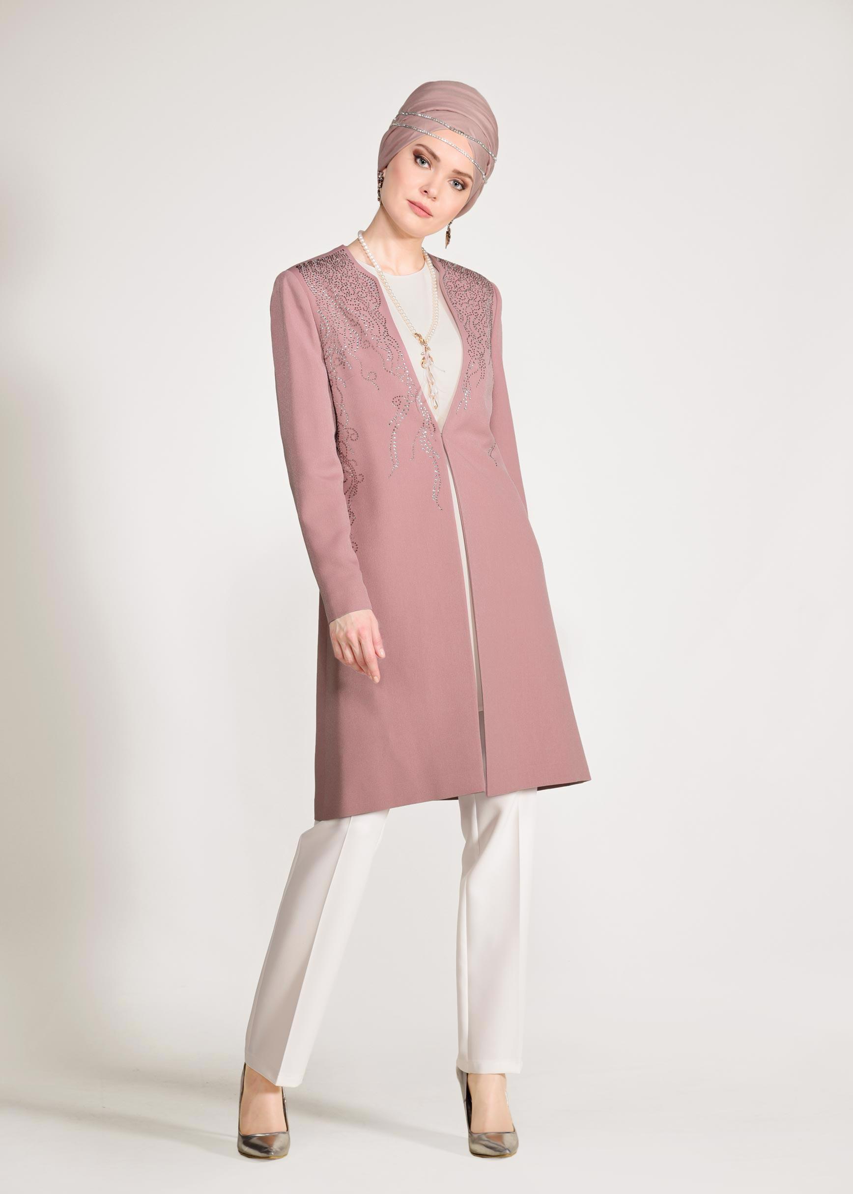Tesettür giyim PUDRA TAŞ İŞLEMELİ KLASİK 3&prime;LÜ PANTOLONLU TAKIM 3435