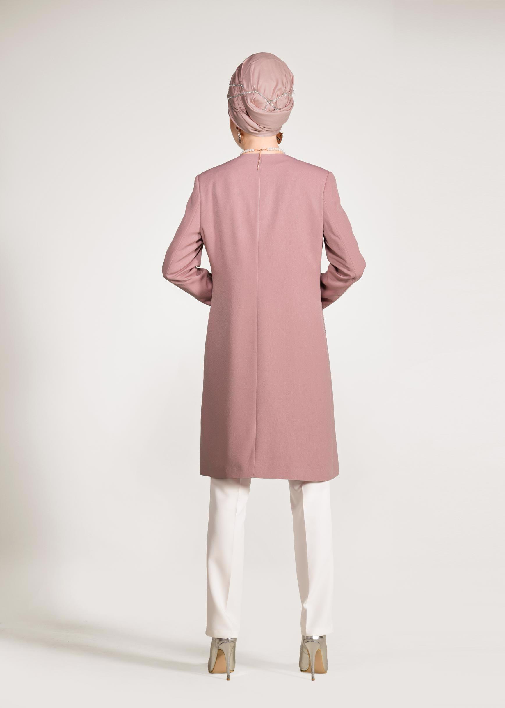 Tesettür giyim PUDRA TAŞ İŞLEMELİ KLASİK 3&prime;LÜ PANTOLONLU TAKIM 3435