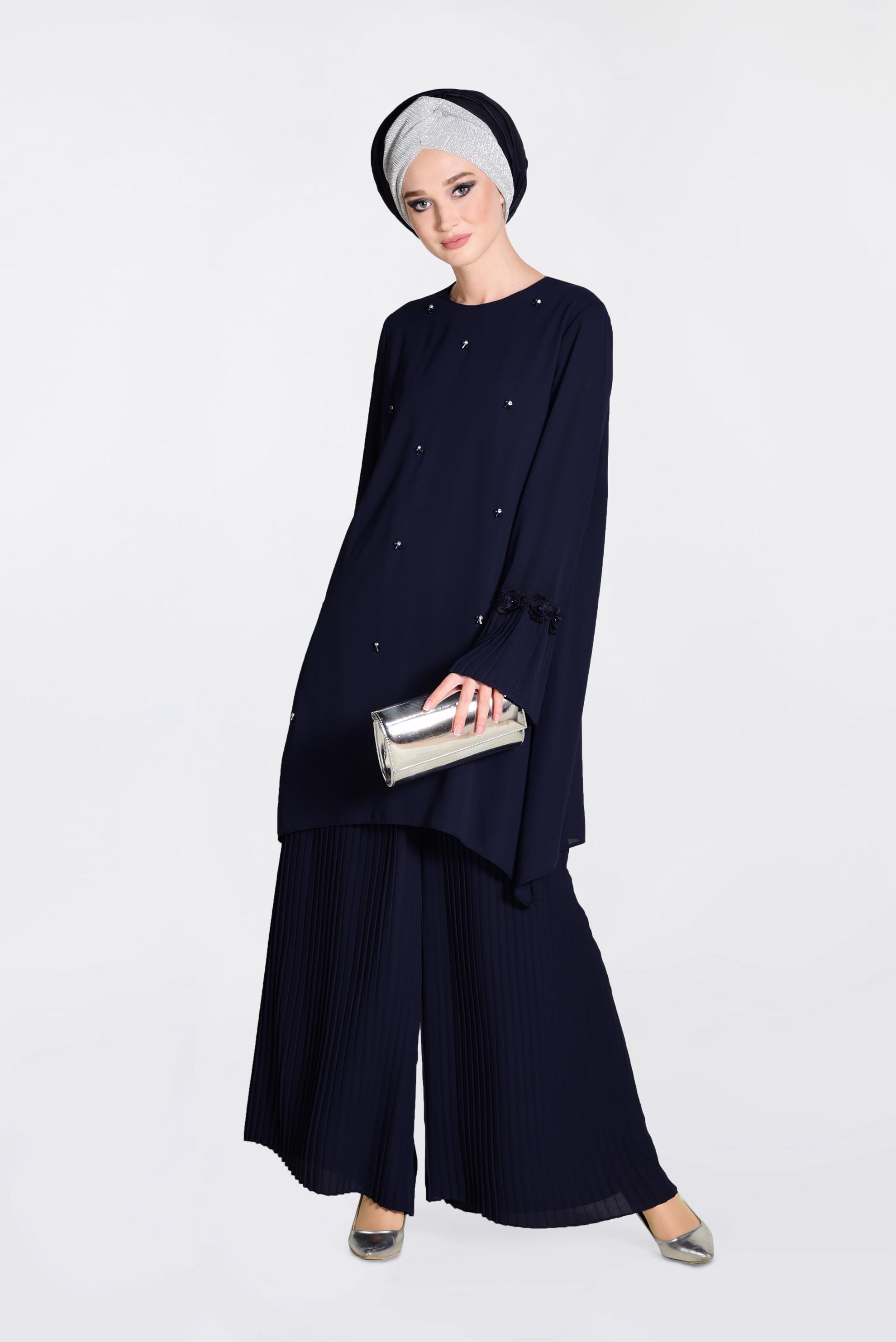 Tesettür giyim LACİVERT BONCUK VE PİLİSELİ İKİLİ PANTOLONLU TAKIM 3437