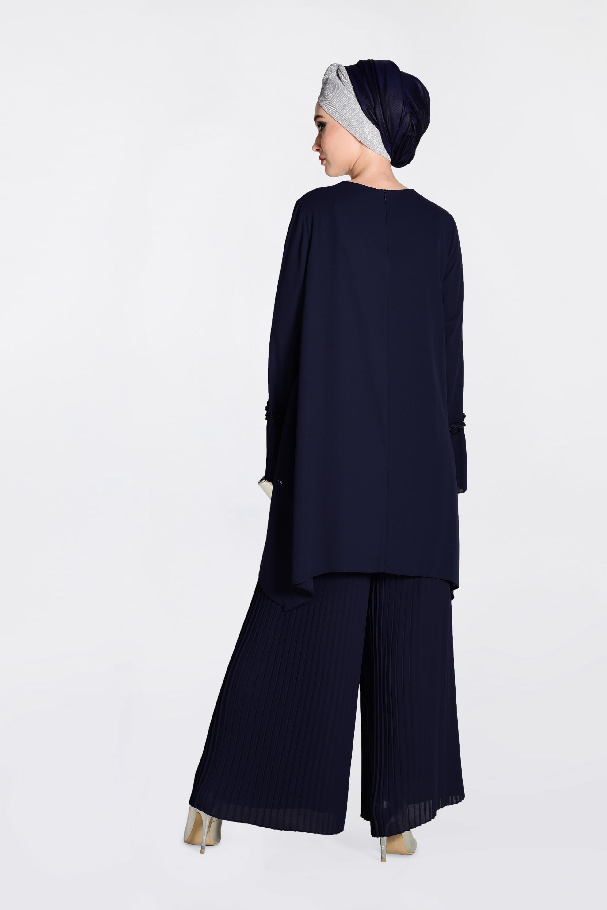 Tesettür giyim LACİVERT BONCUK VE PİLİSELİ İKİLİ PANTOLONLU TAKIM 3437