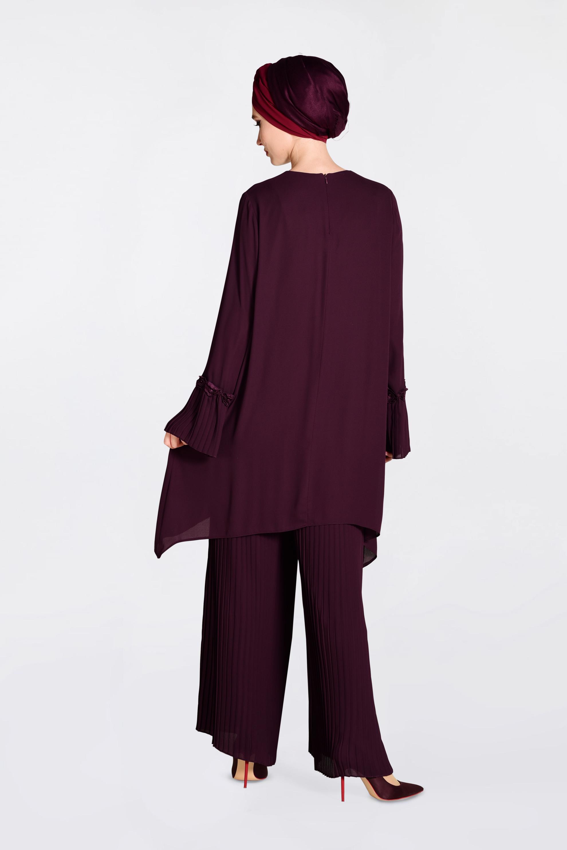 Tesettür giyim BORDO BONCUK VE PİLİSELİ İKİLİ PANTOLONLU TAKIM 3437