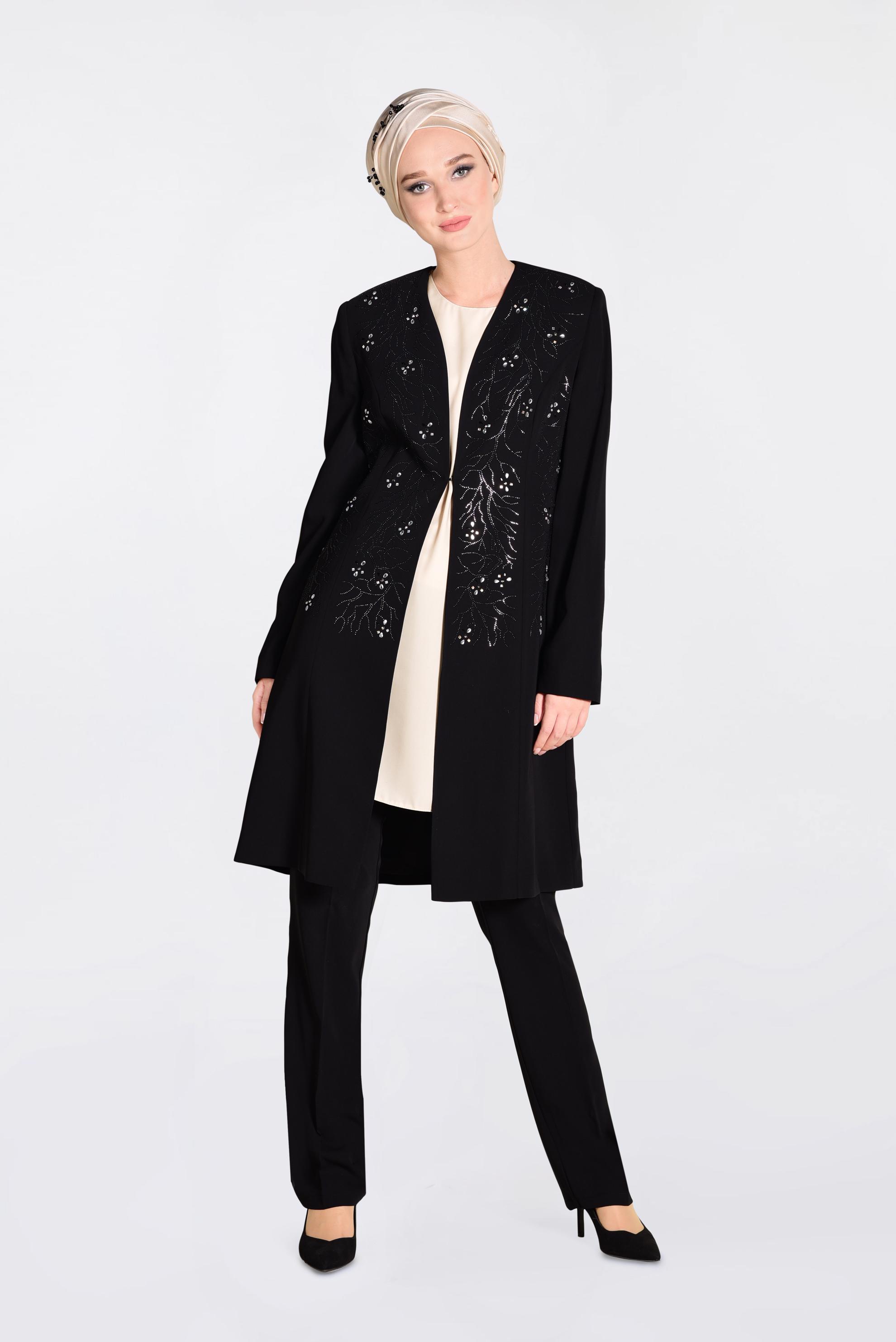 Tesettür giyim SİYAH TAŞLI 3&prime;LÜ PANTOLONLU TAKIM 3440