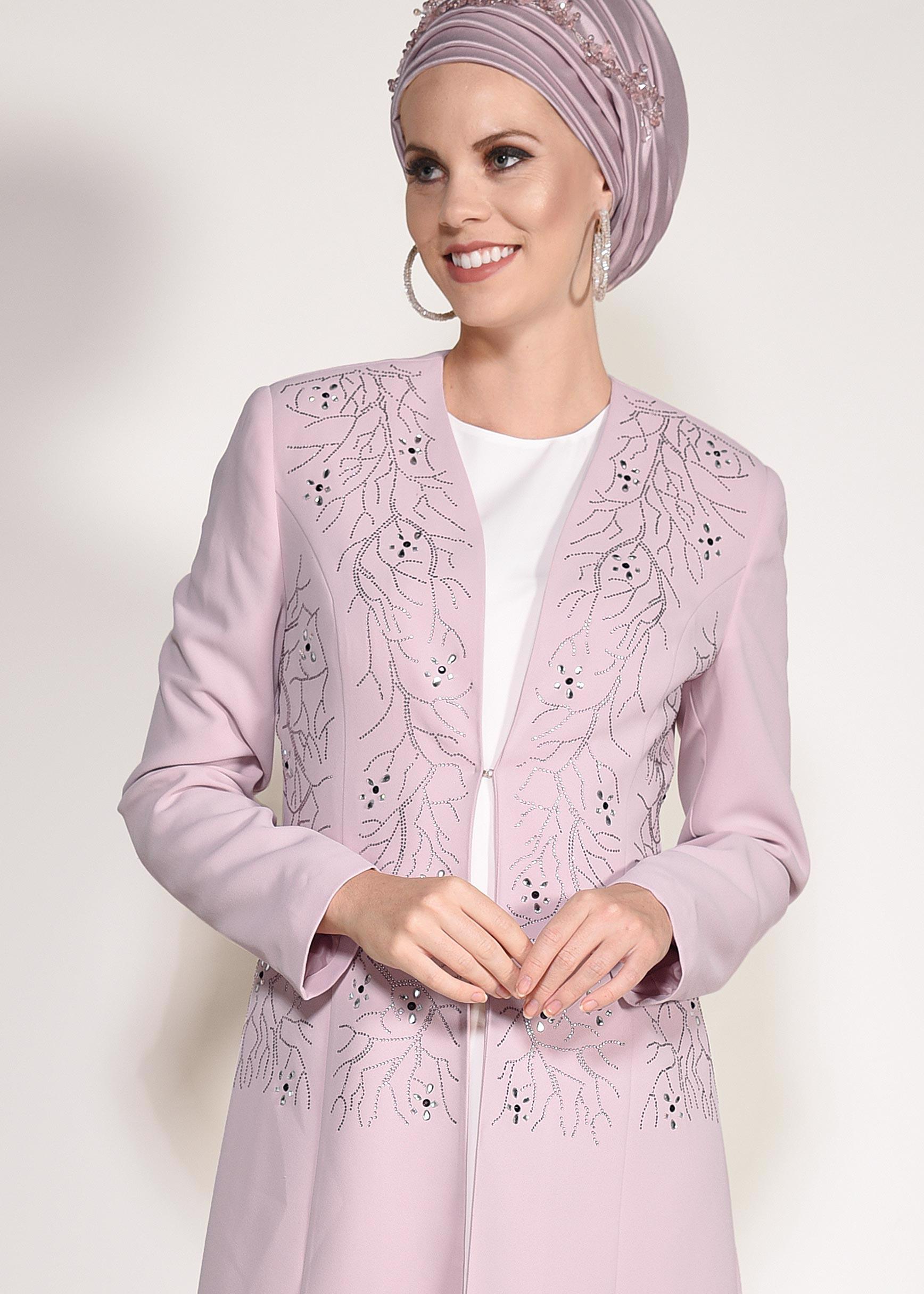 Tesettür giyim PUDRA TAŞLI 3&prime;LÜ PANTOLONLU TAKIM 3440