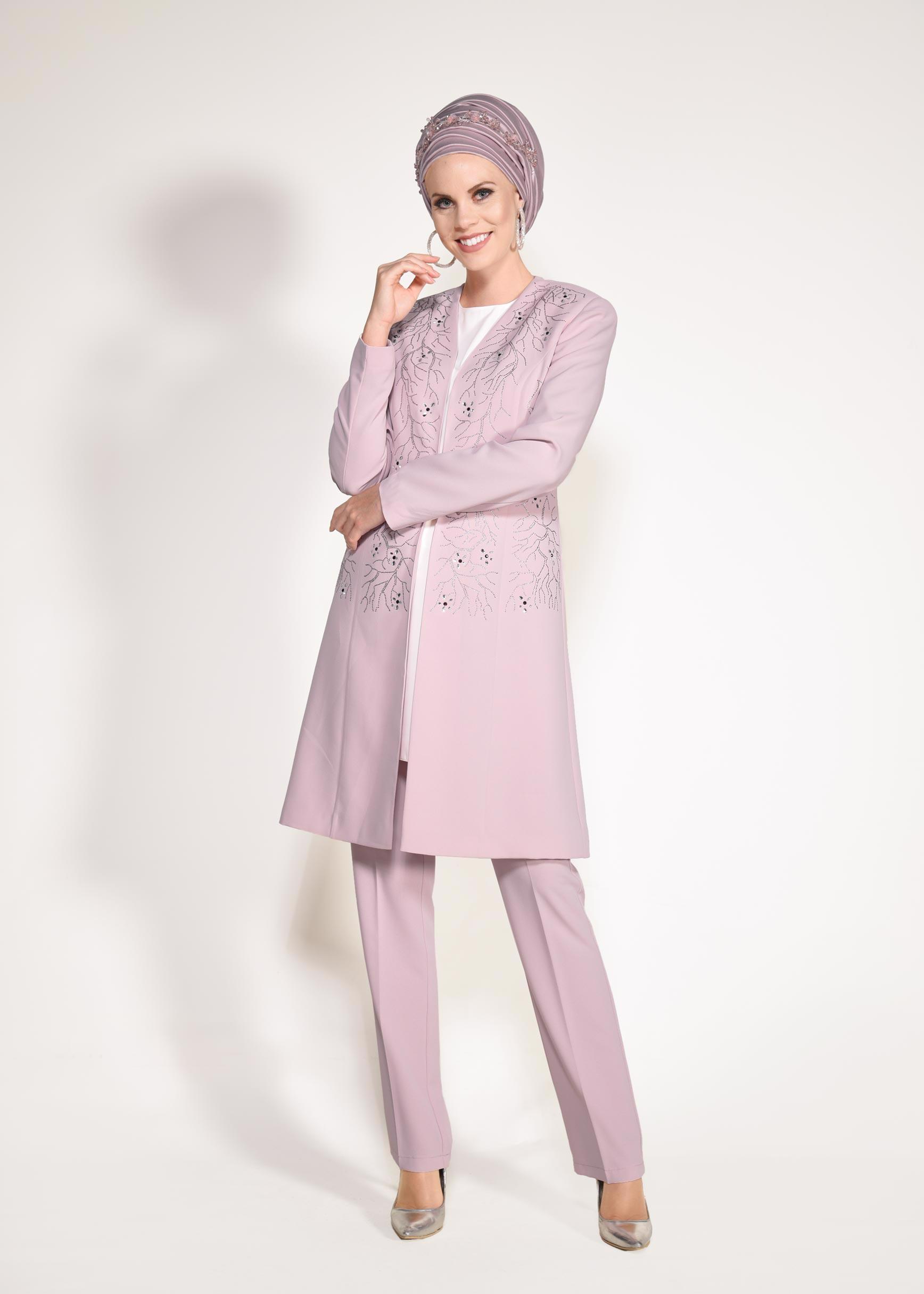 Tesettür giyim PUDRA TAŞLI 3&prime;LÜ PANTOLONLU TAKIM 3440
