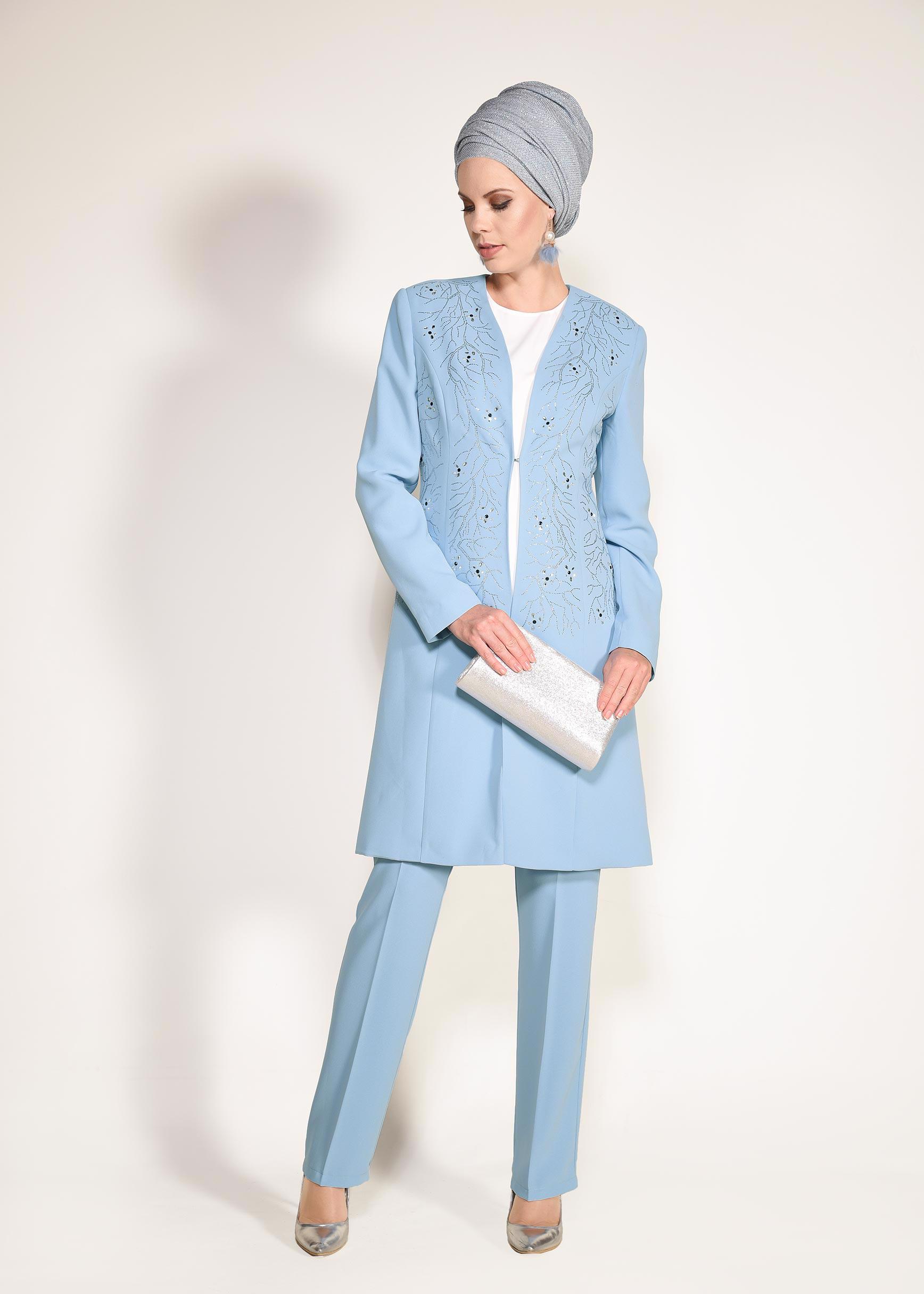 Tesettür giyim MAVİ TAŞLI 3&prime;LÜ PANTOLONLU TAKIM 3440