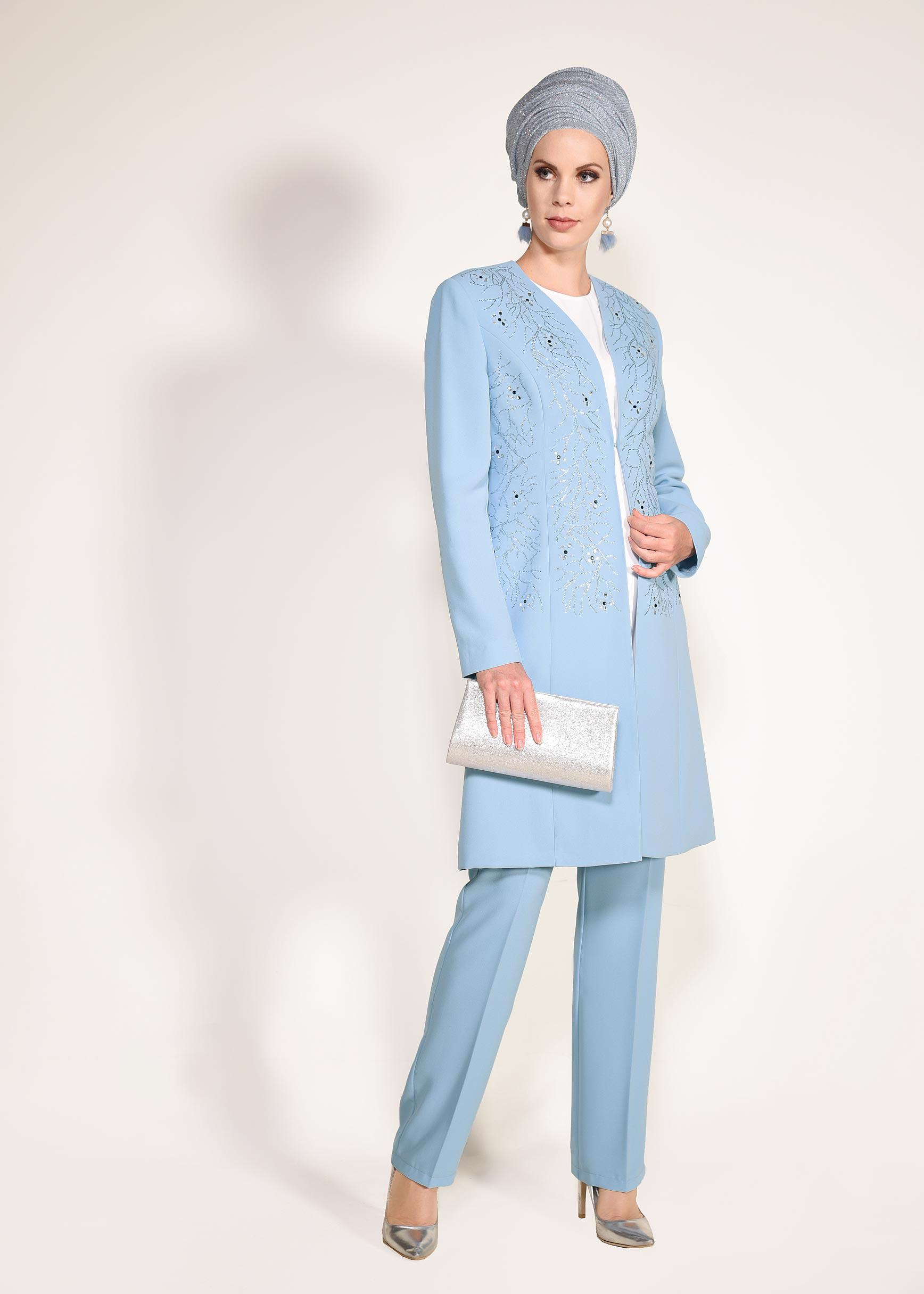 Tesettür giyim MAVİ TAŞLI 3&prime;LÜ PANTOLONLU TAKIM 3440