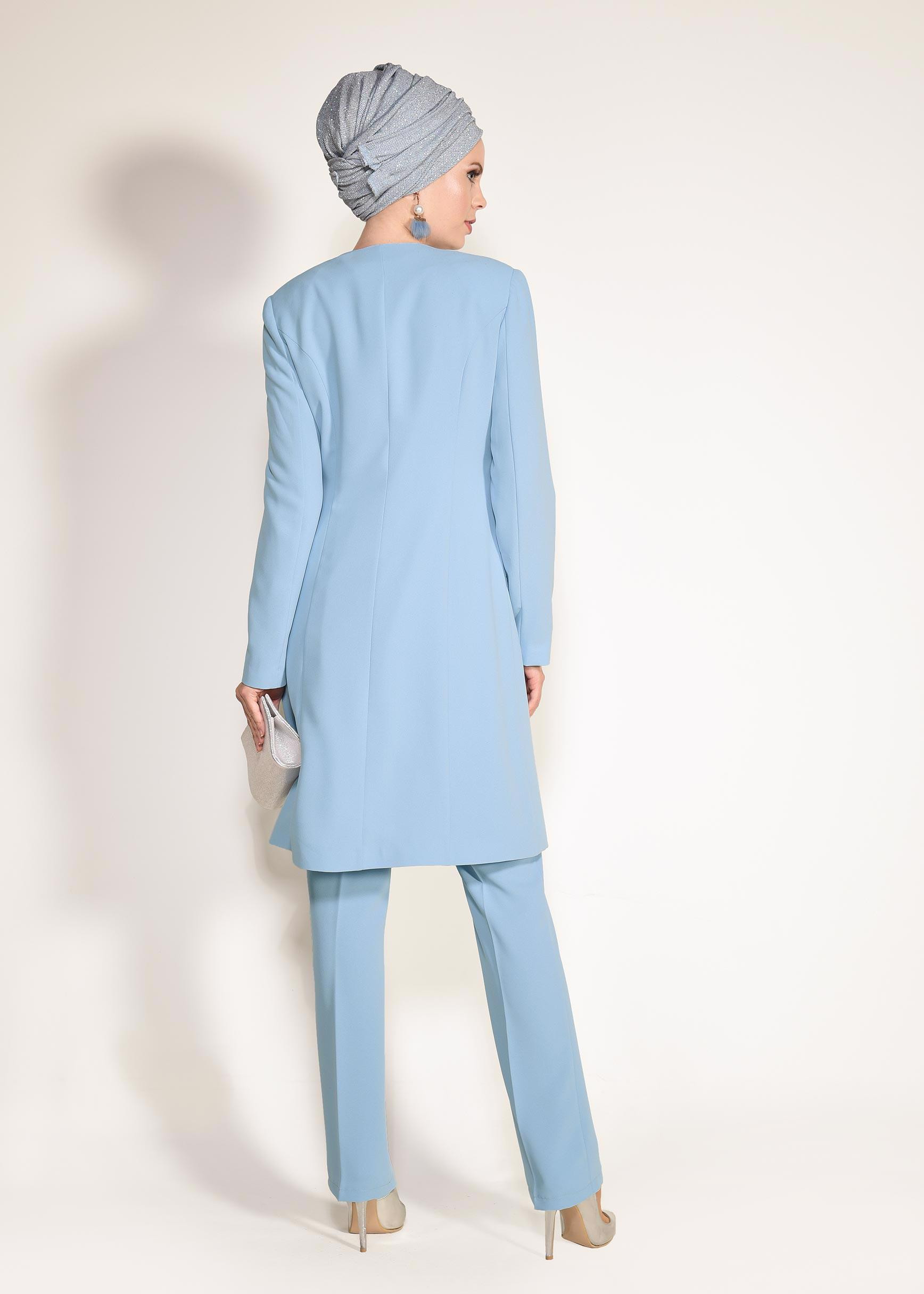 Tesettür giyim MAVİ TAŞLI 3&prime;LÜ PANTOLONLU TAKIM 3440