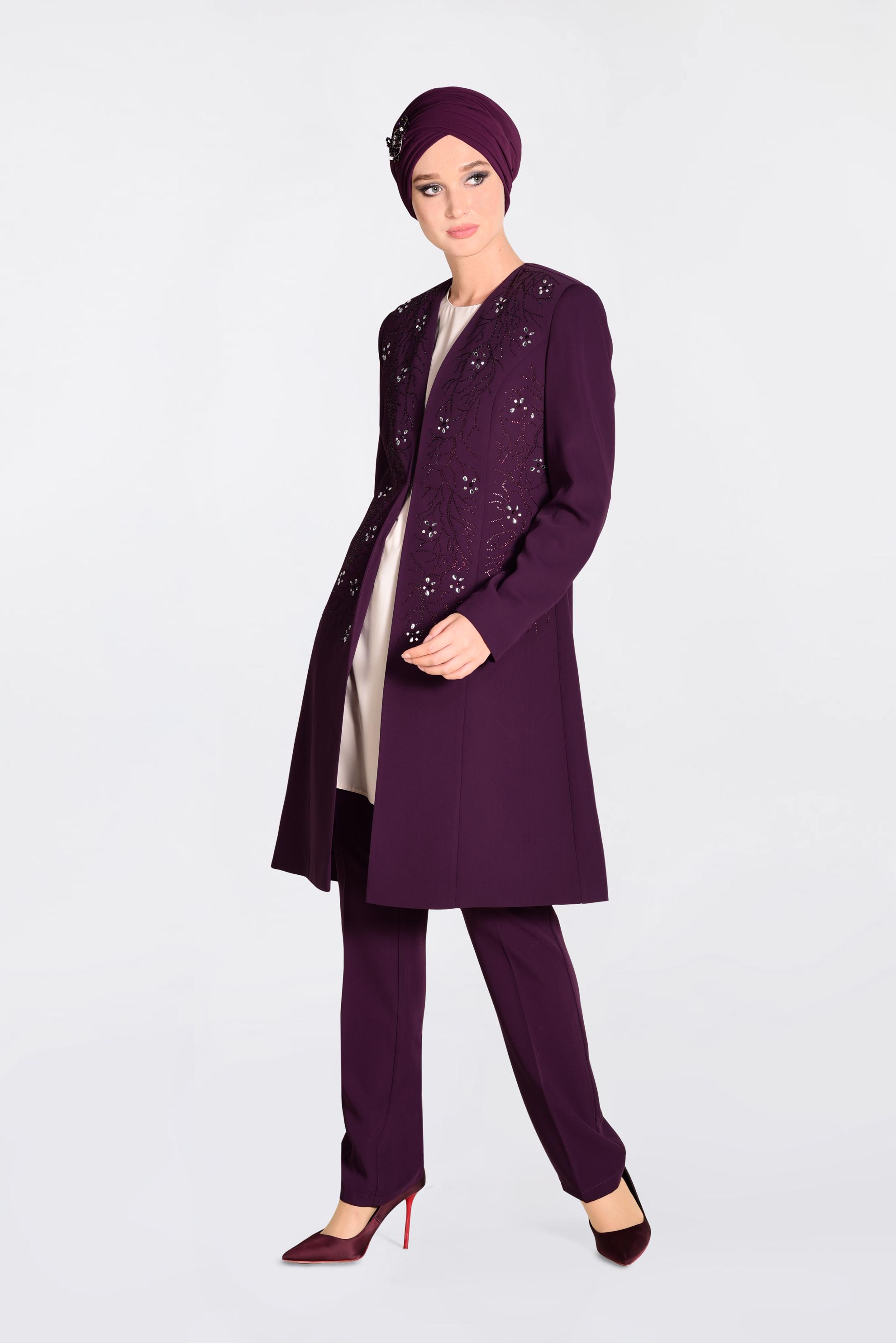 Tesettür giyim MÜRDÜM TAŞLI 3&prime;LÜ PANTOLONLU TAKIM 3440