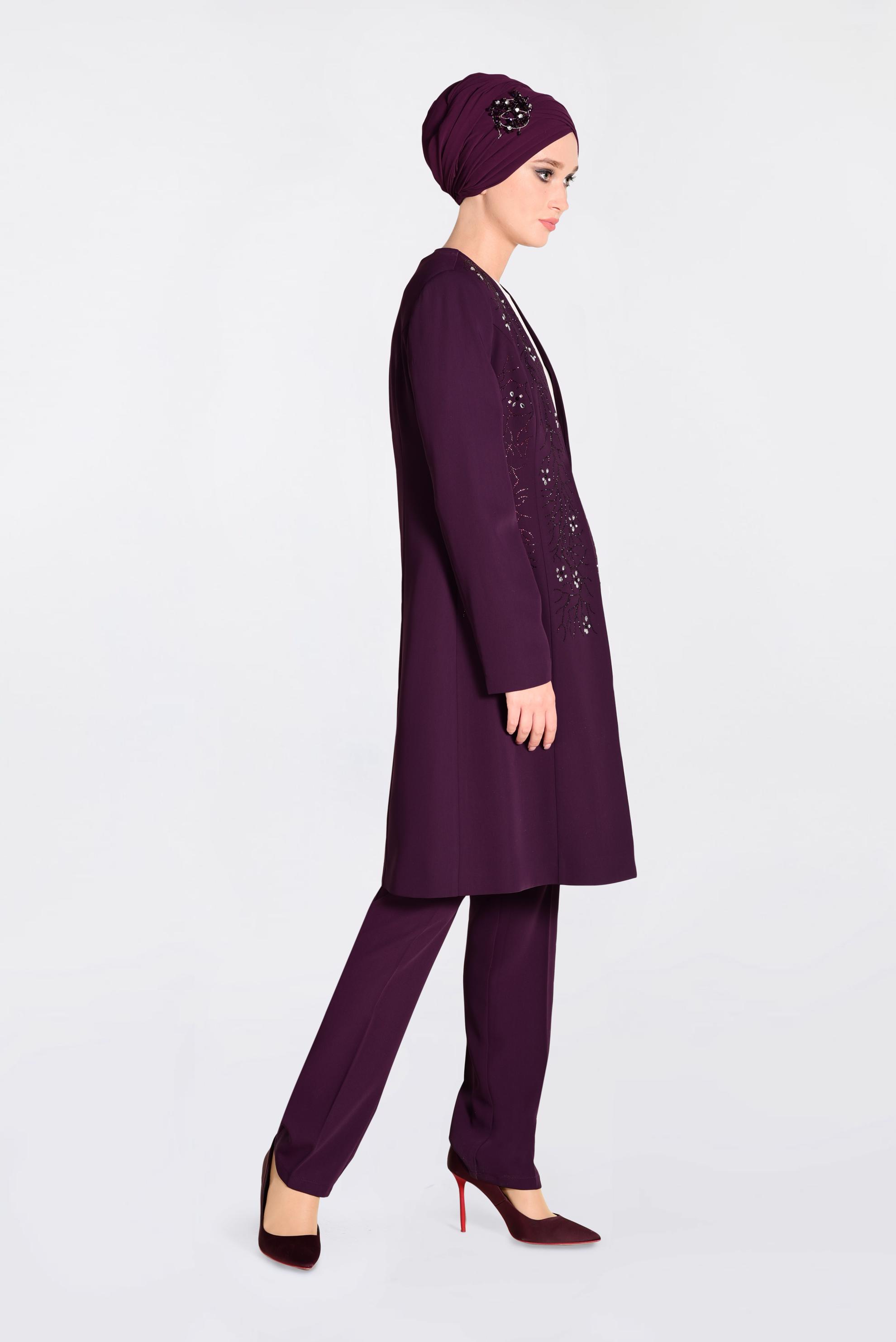 Tesettür giyim MÜRDÜM TAŞLI 3&prime;LÜ PANTOLONLU TAKIM 3440