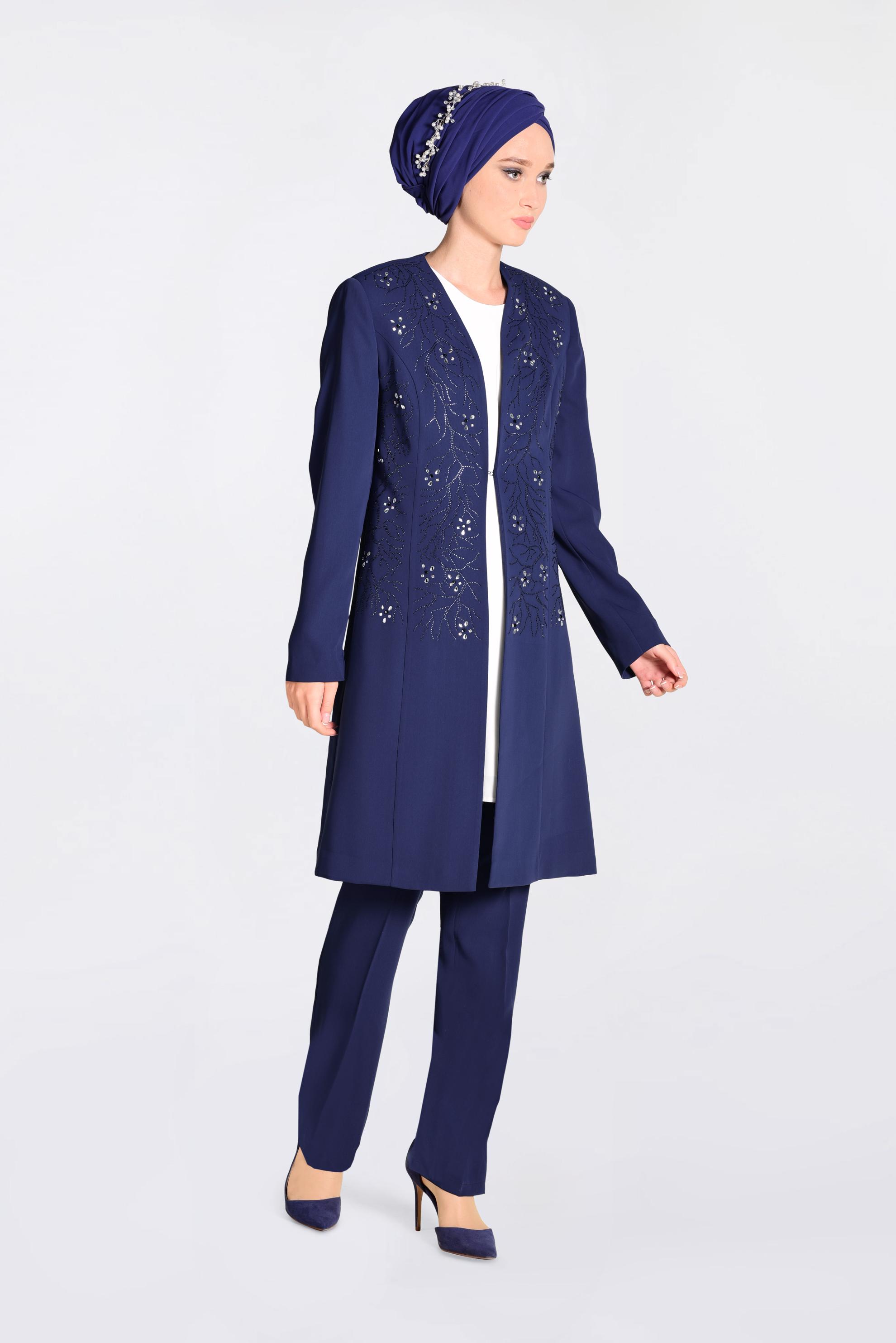 Tesettür giyim LACİVERT TAŞLI 3&prime;LÜ PANTOLONLU TAKIM 3440