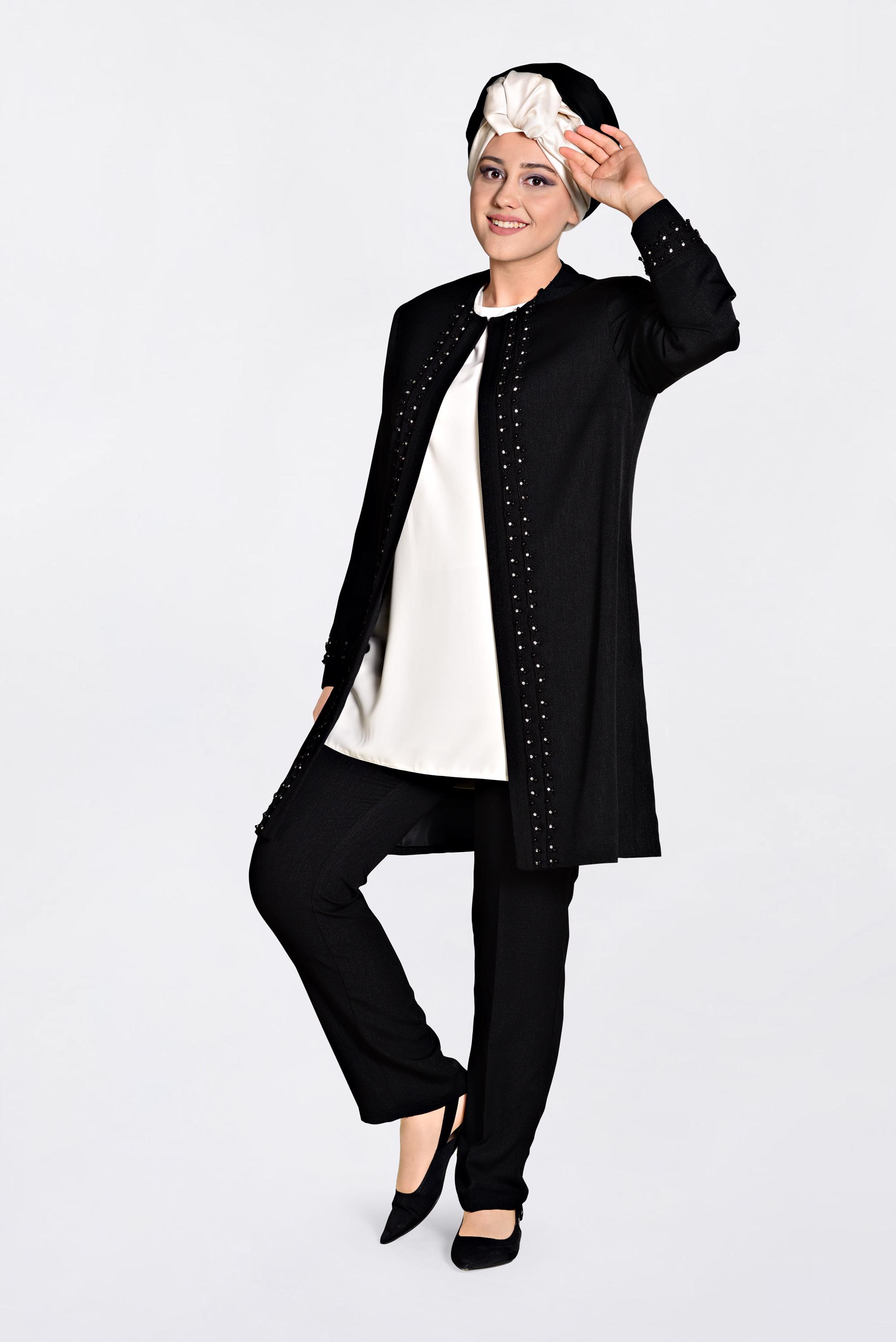 Tesettür giyim SİYAH GÜPÜR VE İNCİ İŞLEMELİ ÜÇLÜ PANT.TAKIM 3442 